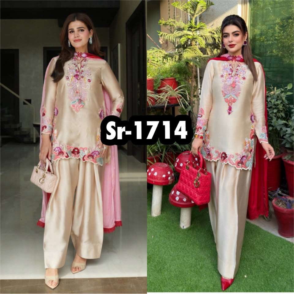SR 1714 SATIN FABRIC BEAUTIFUL DESIGNER LOOK PARTY WEAR LADIES TOP FARSHI PLAZZO AND DUPATTA SET 