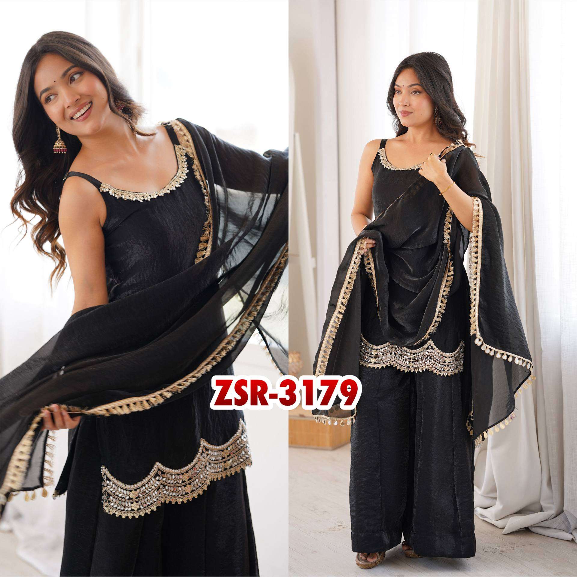 SR 3179 SILK PREETY LOOK DESIGNER PARTY WEAR LADIES TOP SHARARA PLAZZO AND DUPATTA SET 