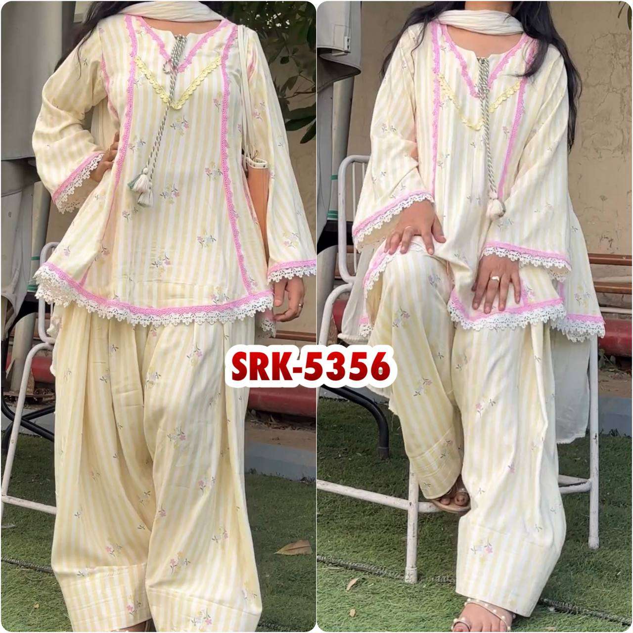 SRK 5356 CREPE FABRIC PREETY LOOK DESIGNER LADIES TOP FARSHI PLAZZO AND DUPATTA SET 