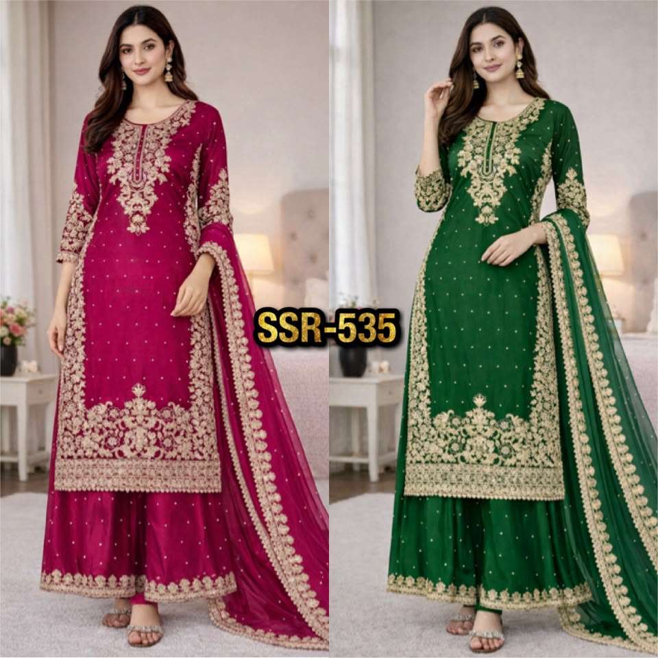SSR 535 SILK HEAVY EMBROIDERD DESIGNER FESTIVE WEAR LADIES SUIT