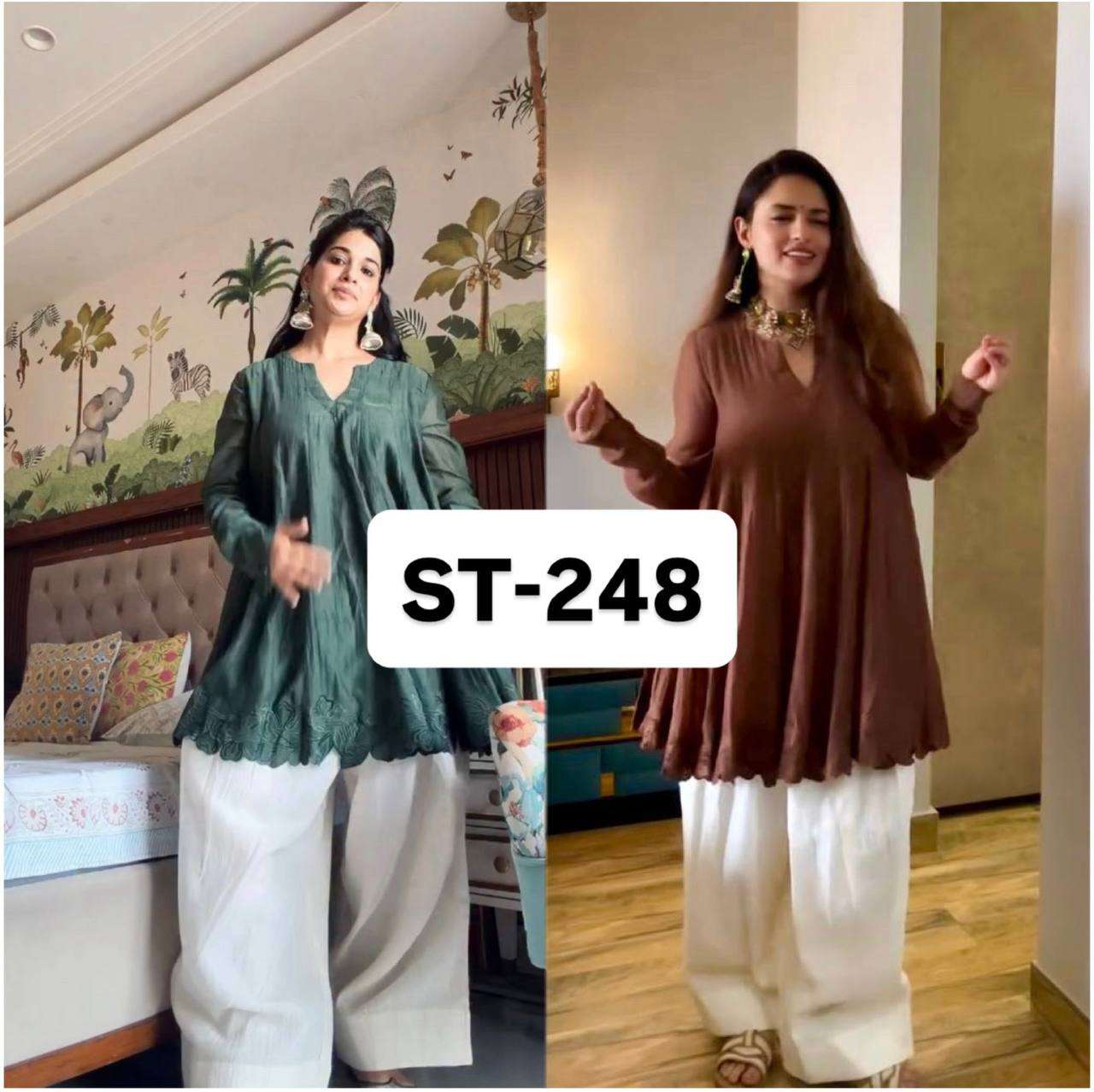ST 248 CHANDERI PREETY LOOKS LADIES TOP WITH PLAZZO PAIR 