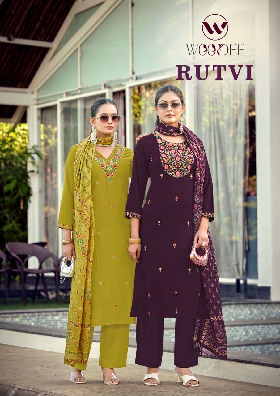 WOODEE RUTAVI RAYON FANCY EMBROIDERY WORK LADIES KURTI BOTTOM AND DUPATTA SET 