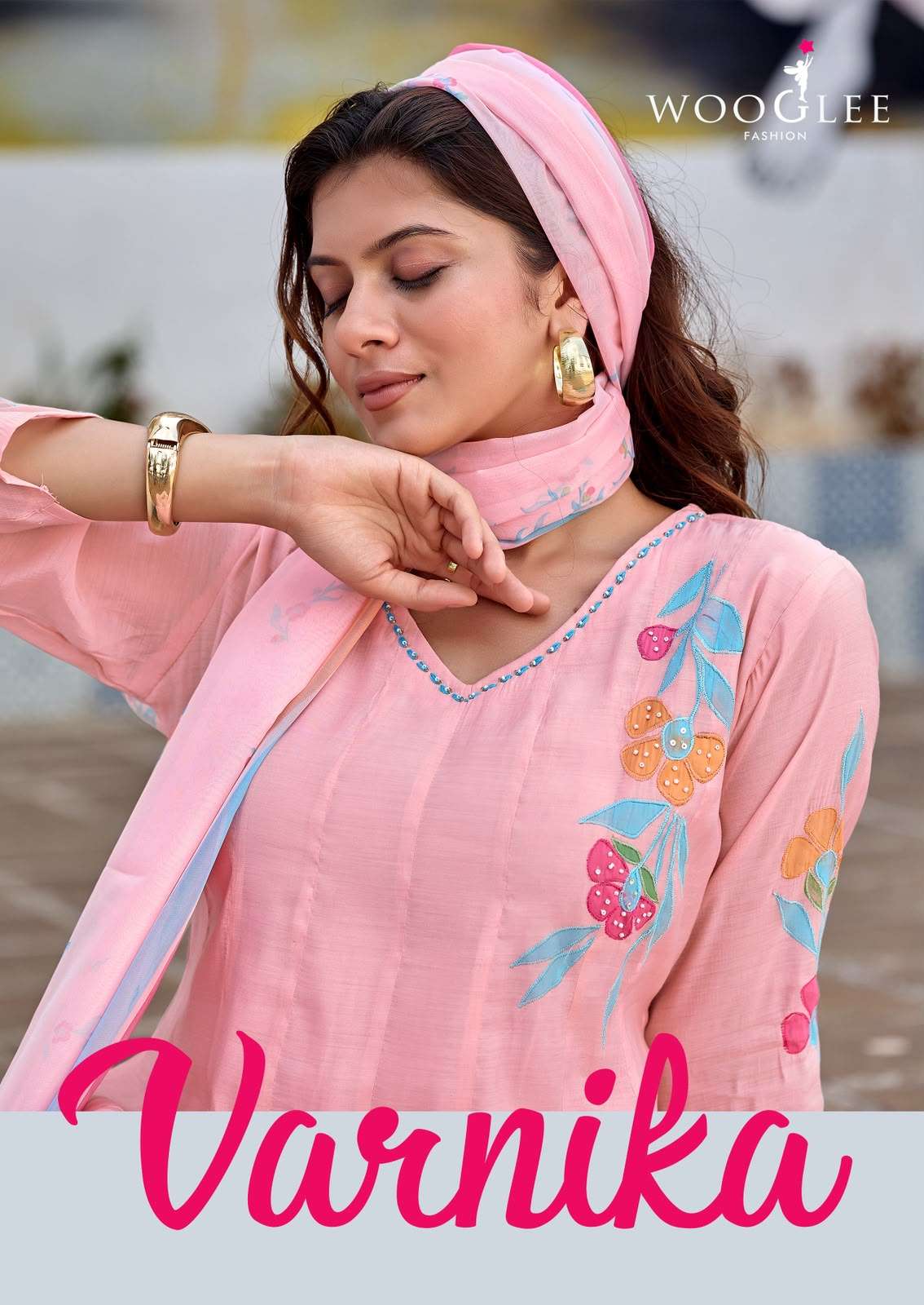 WOOGLEE VARNIKA CHANDERI SILK PREETY LOOK DESIGNER LADIES ANARKALI GOWN STYLE BOTTOM AND DUPATTA SET 