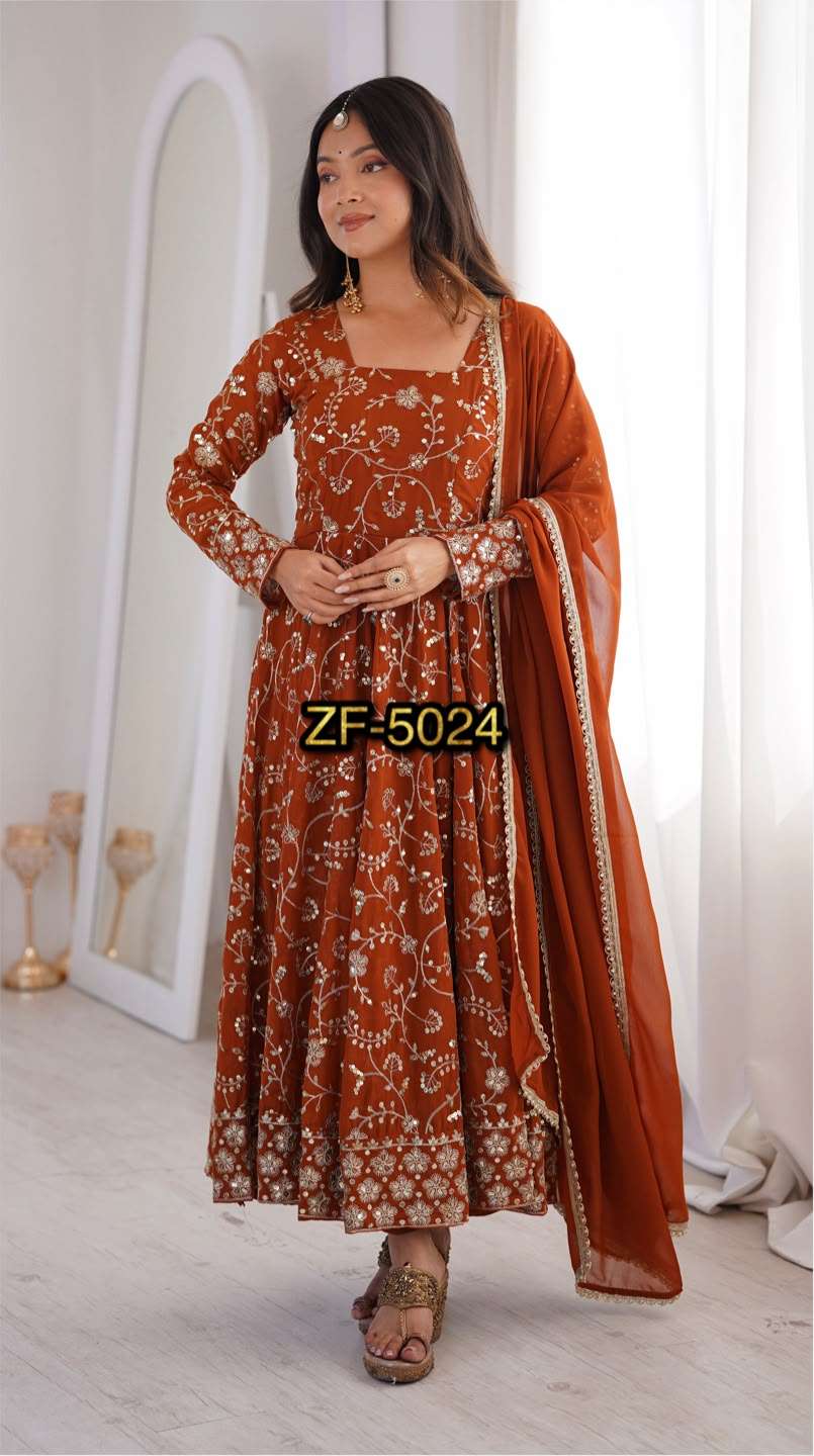 ZF 5024 GEORGETTE HEAVY SEQUENCE EMBROIDERY DESIGNER ANARKALI 3PCS SET 