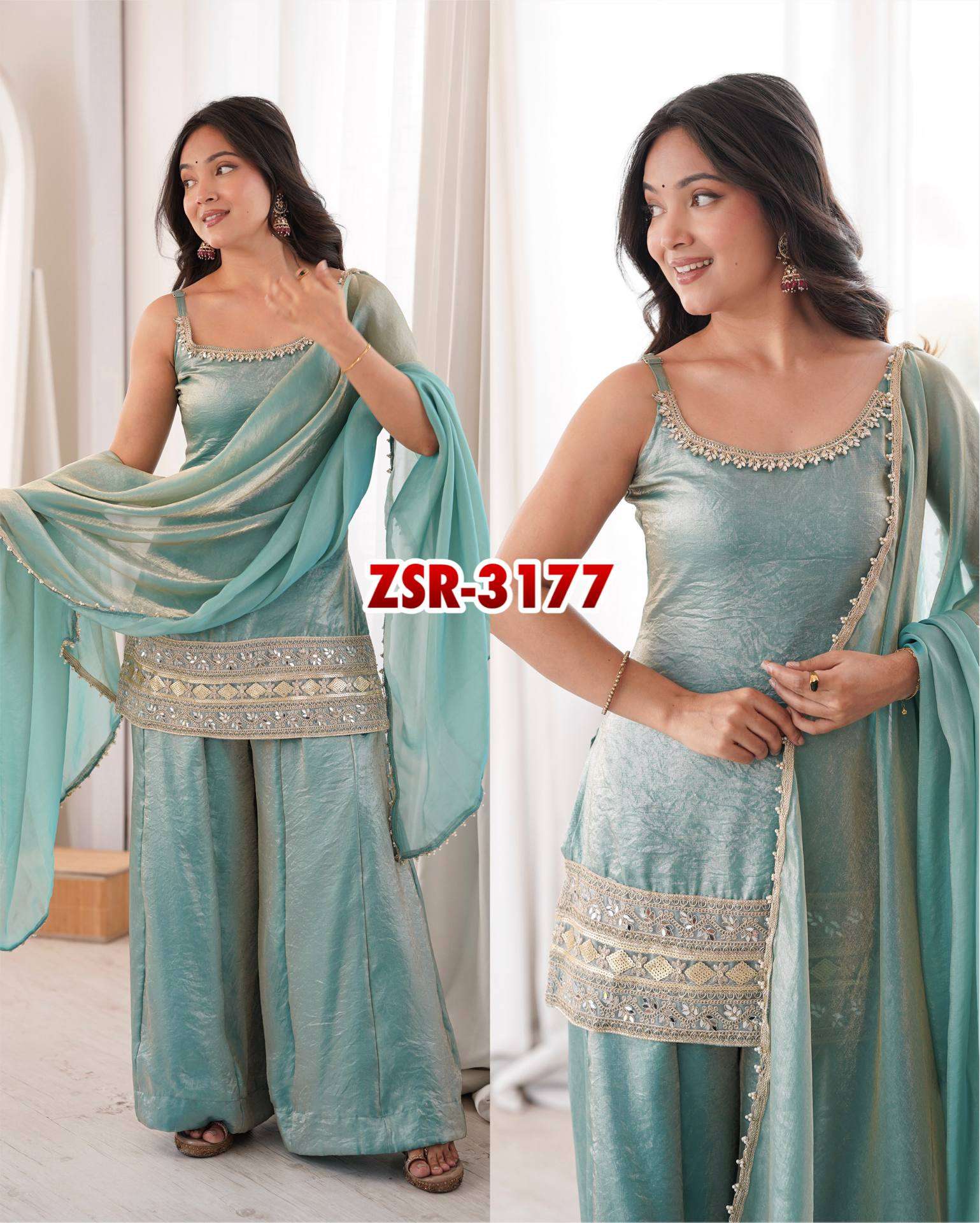 ZSR 3177 CRUSH FABRIC PREETY LOOK DESIGNER PARTY WEAR TOP PLAZZO AND DUPATTA SET 