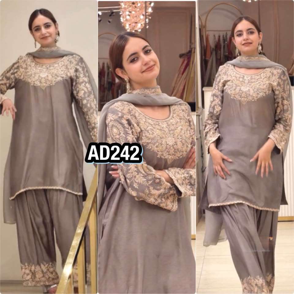 AD 242 SILK EMBROIDERY DESIGNER WORK PARTY WEAR LADIES TOP FARSHI PLAZZO AND DUPATTA SET 