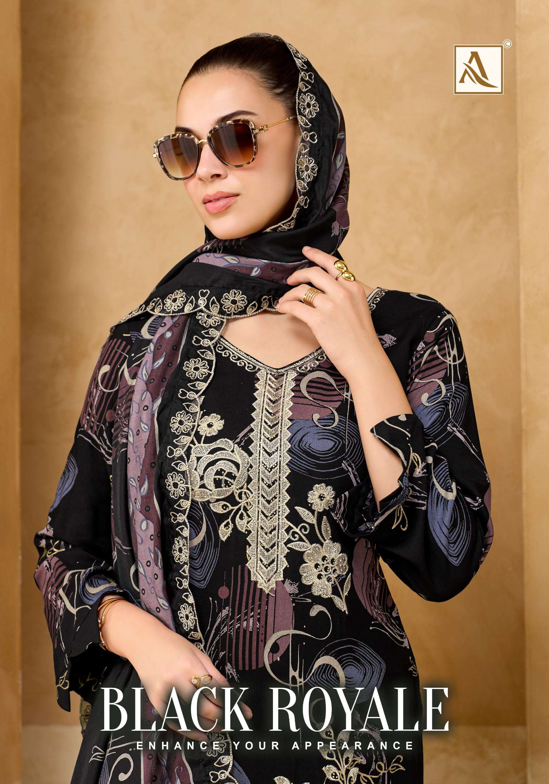 ALOK SUITS BLACK ROYALE VISCOSE PRINT WITH FANCY EMBROIDERY WORK SUIT