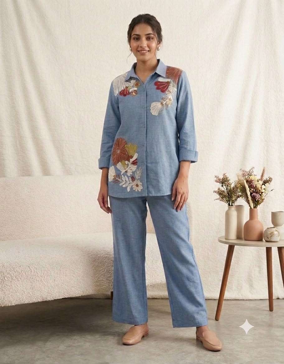 BE 483 COTTON DENIM SEQUENCE EMBROIDERED WORK CO-ORD SET 