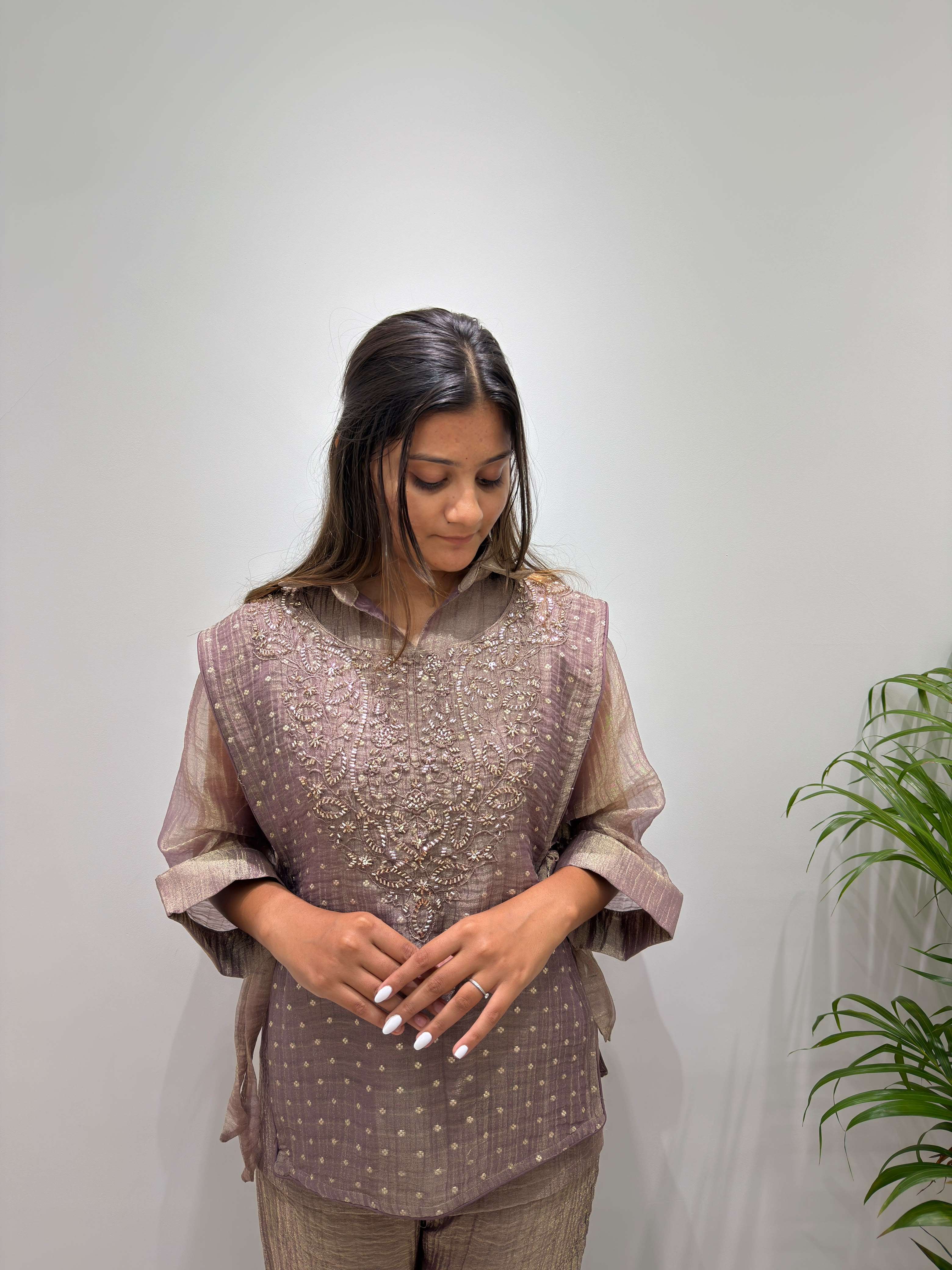 BE 484 SILK DESIGNER WORK SHIRT PANT WITH  HAND EMBROIDERED SHRUG 