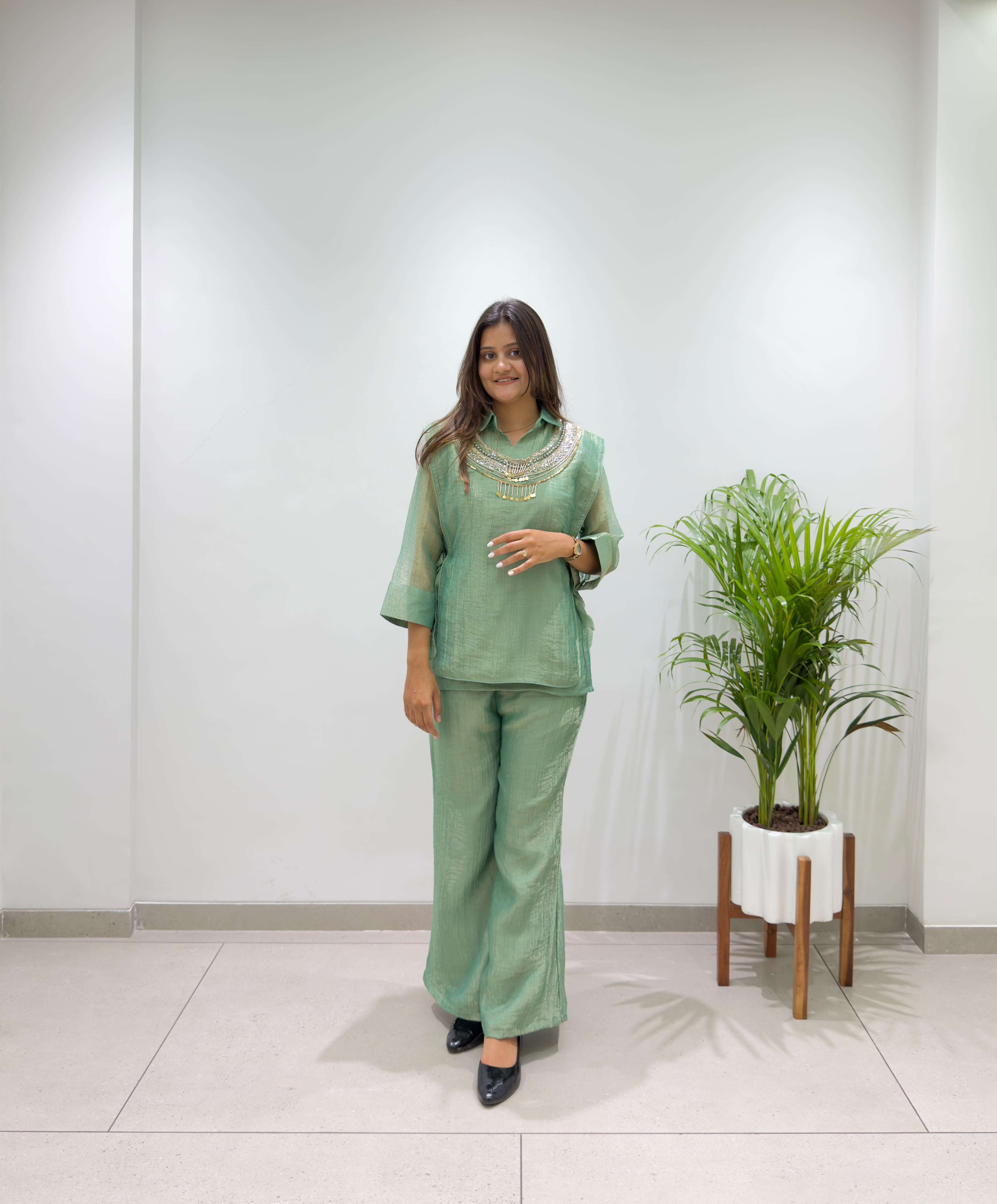 BE 485 SILK DESIGNER SHIRT PANT WITH  HAND EMBROIDERED SHRUG