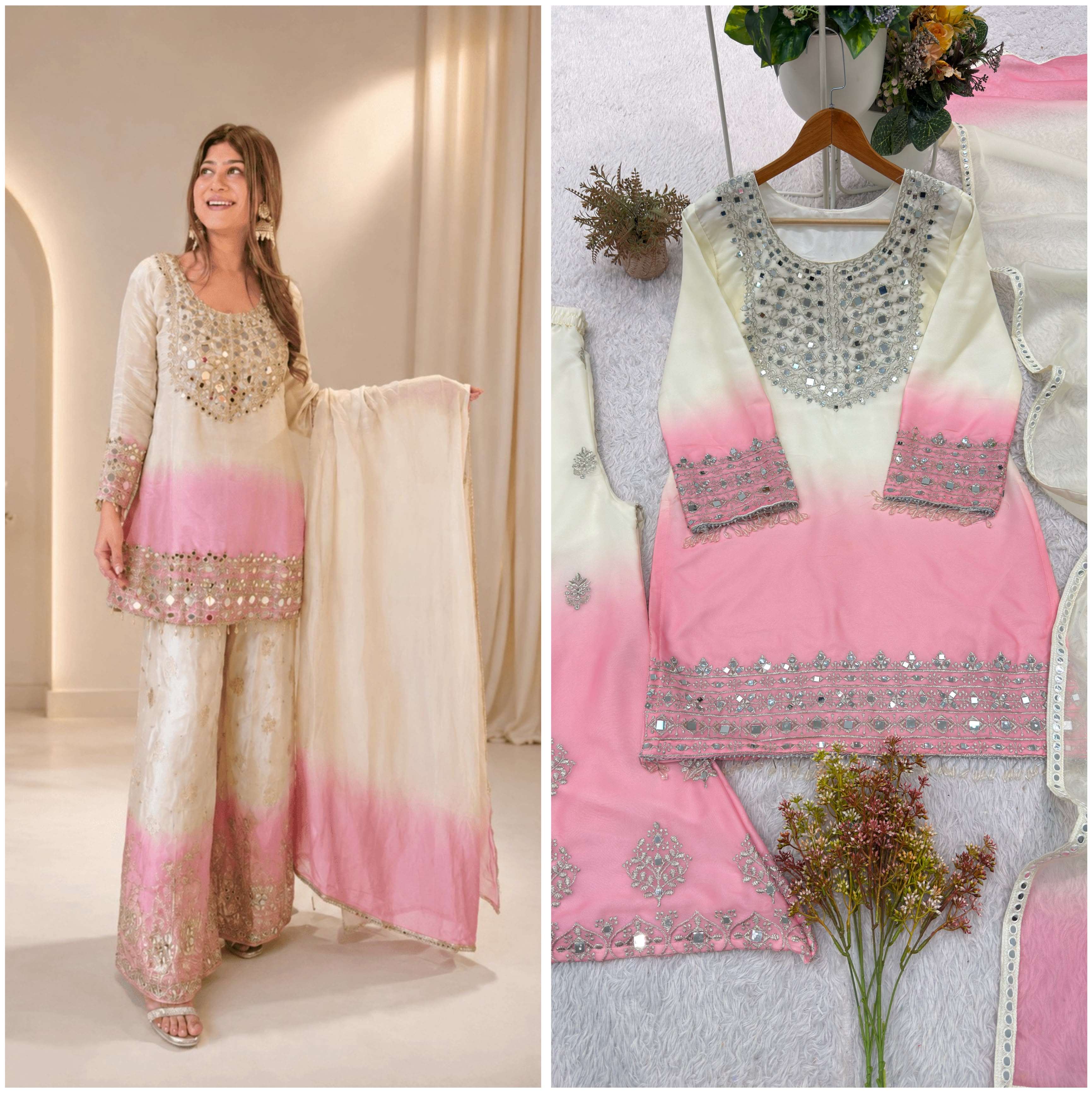 BE 491 MIRROR EMBROIDERED WORKED TOP PLAZZO WITH DUPATTA SET
