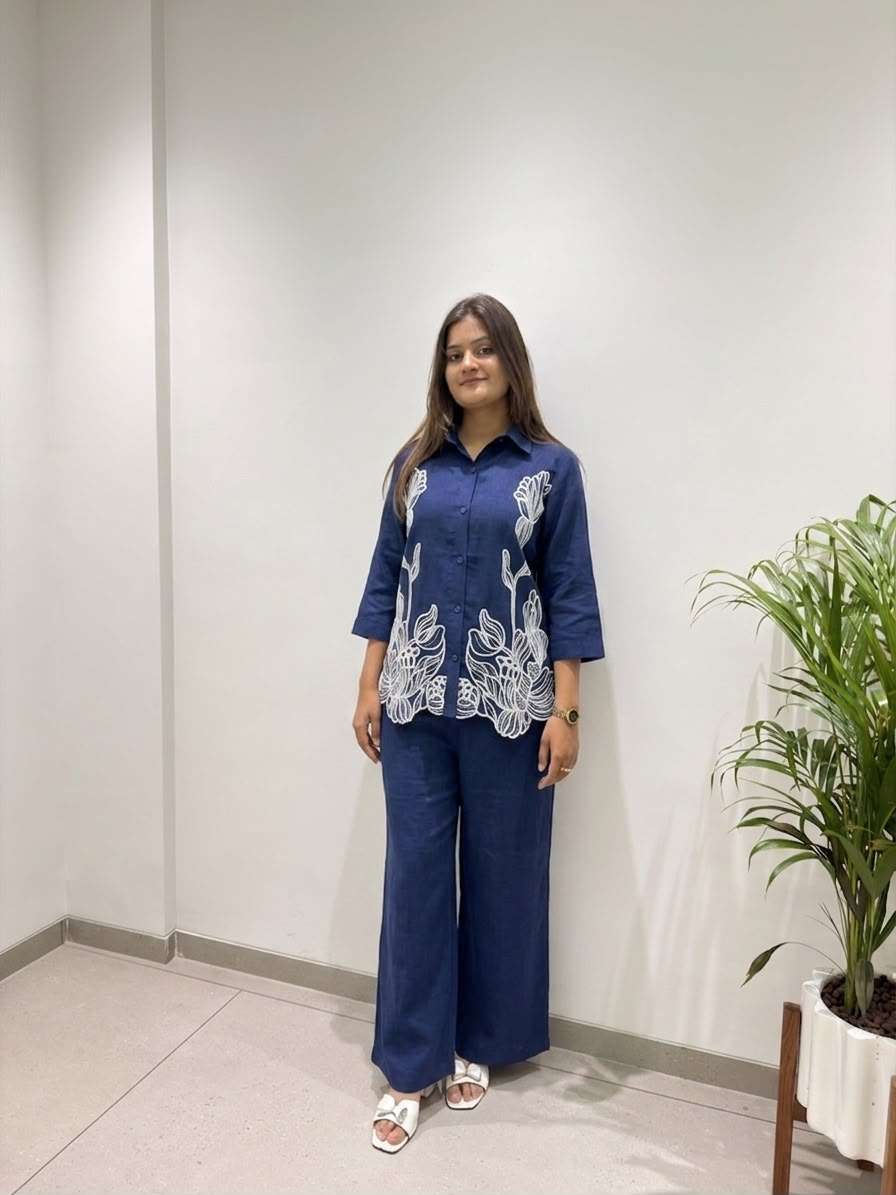 BE 496 DENIM COTTON DESIGNER EMBROIDERED WORK CORD SET