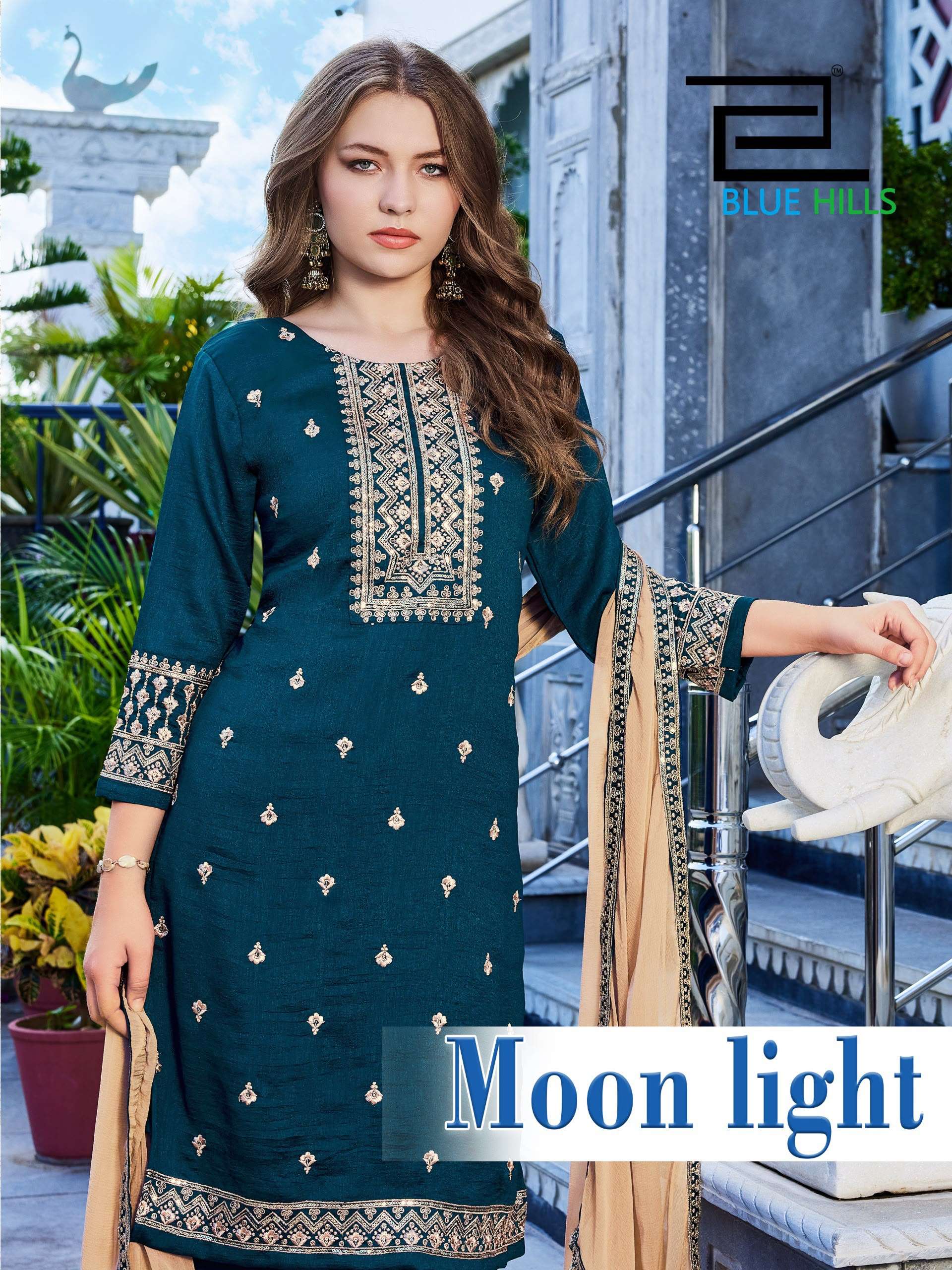 BLUE HILLS MOON LIGHT SILK FANCY EMBROIDERIES WORK LADIES 3PCS SET COLLECTION 