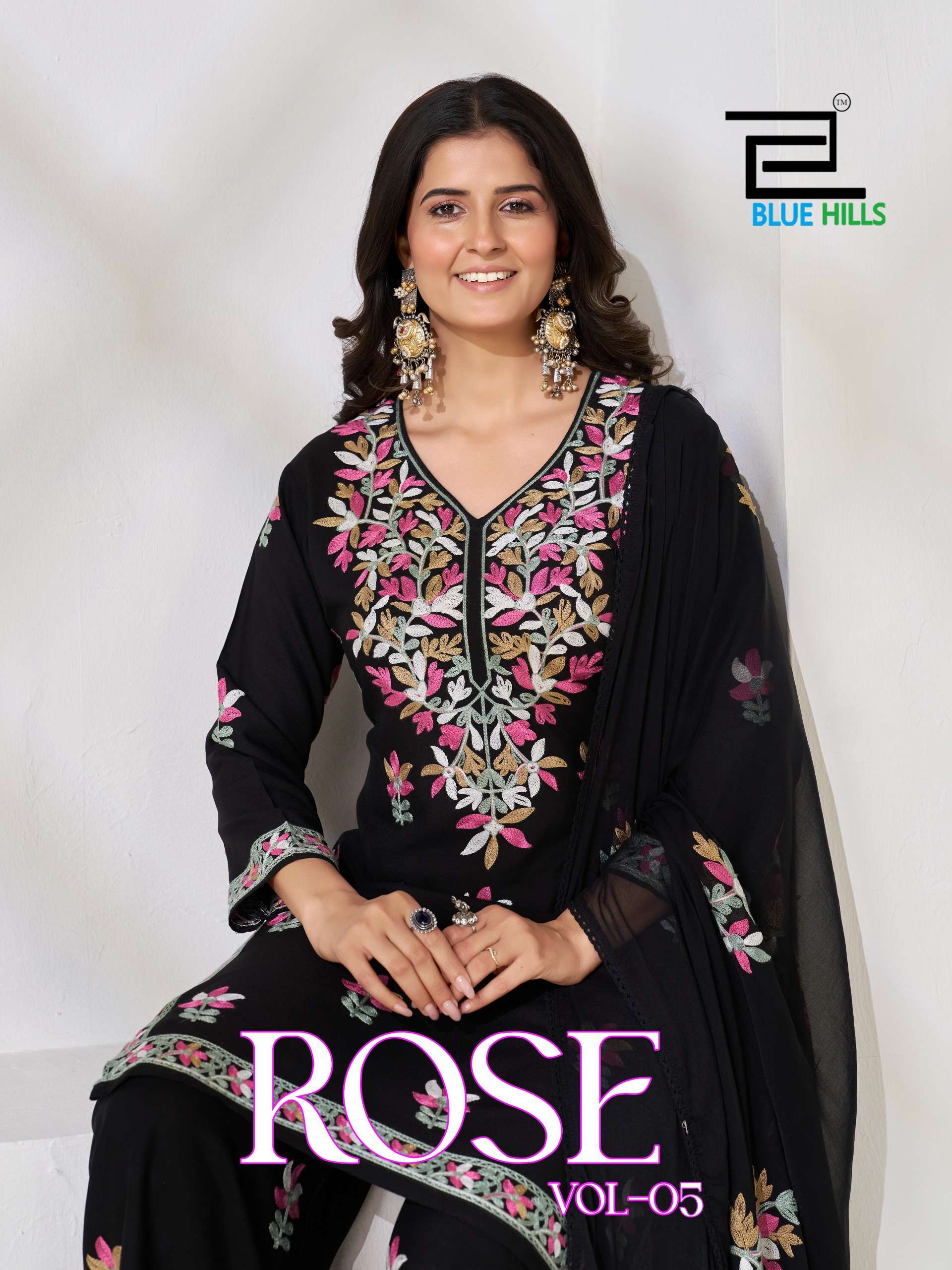 BLUE HILLS ROSE VOL 5 RAYON EMBROIDERY DESIGNER WORK TOP PLAZZO AND DUPATTA SET 