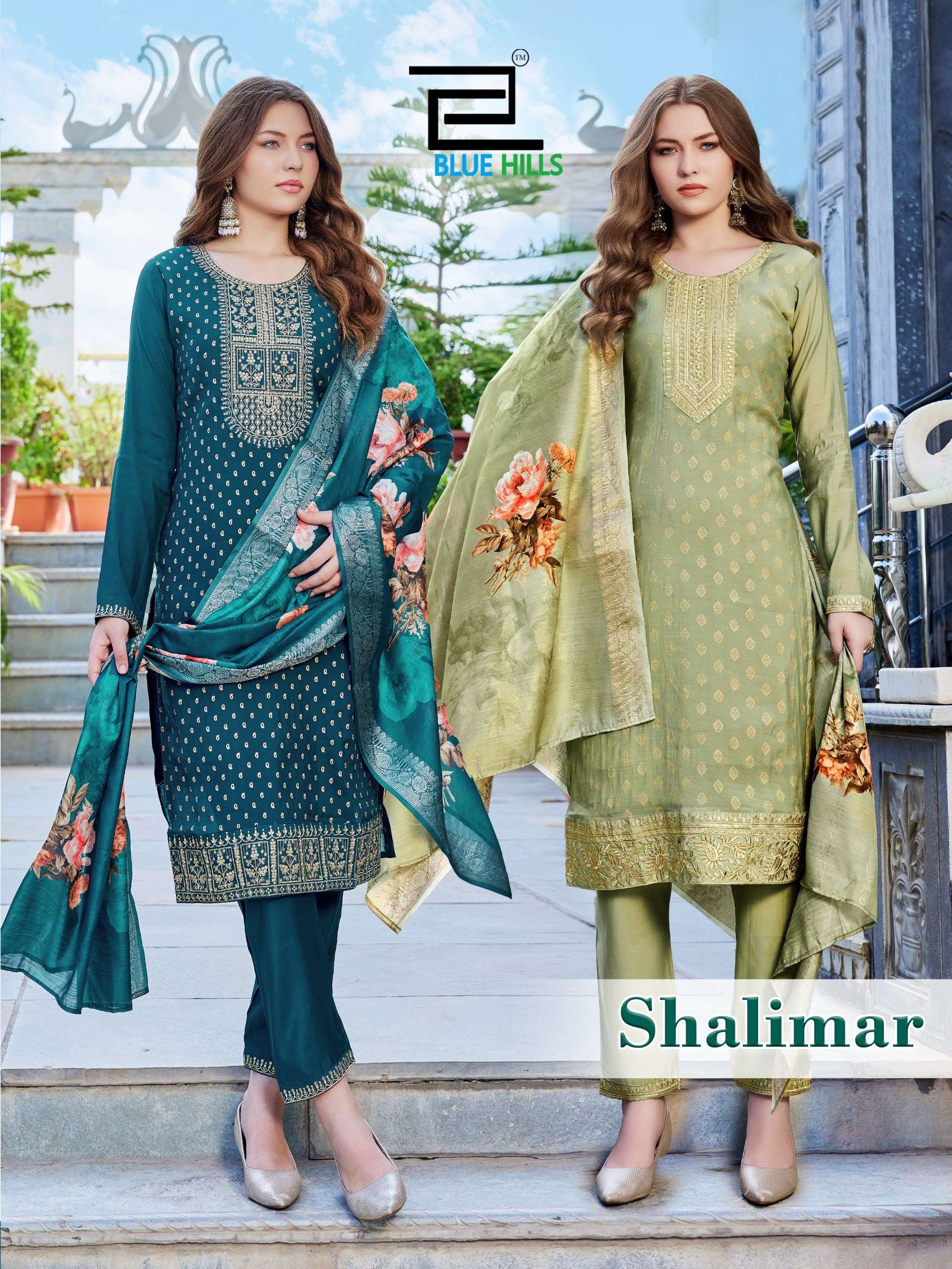 BLUE HILLS SHALIMAR CHANDERI SILK FANCY EMBROIDERIES WORK LADIES 3PCS SET COLLECTION 
