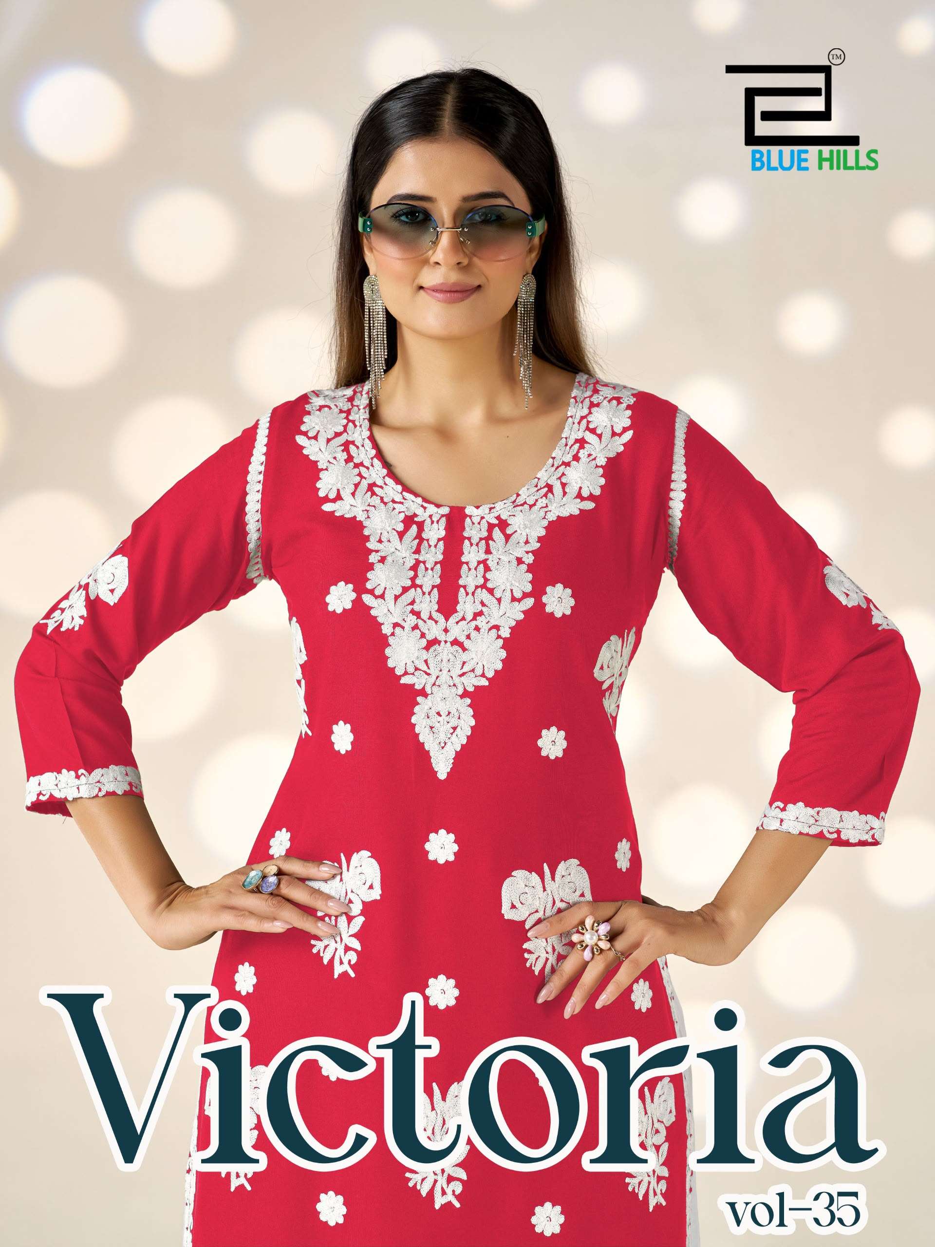 BLUE HILLS VICTORIA VOL 35 RAYON FANCY WORKS LADIES KURTI WITH PLAZOO PAIR 