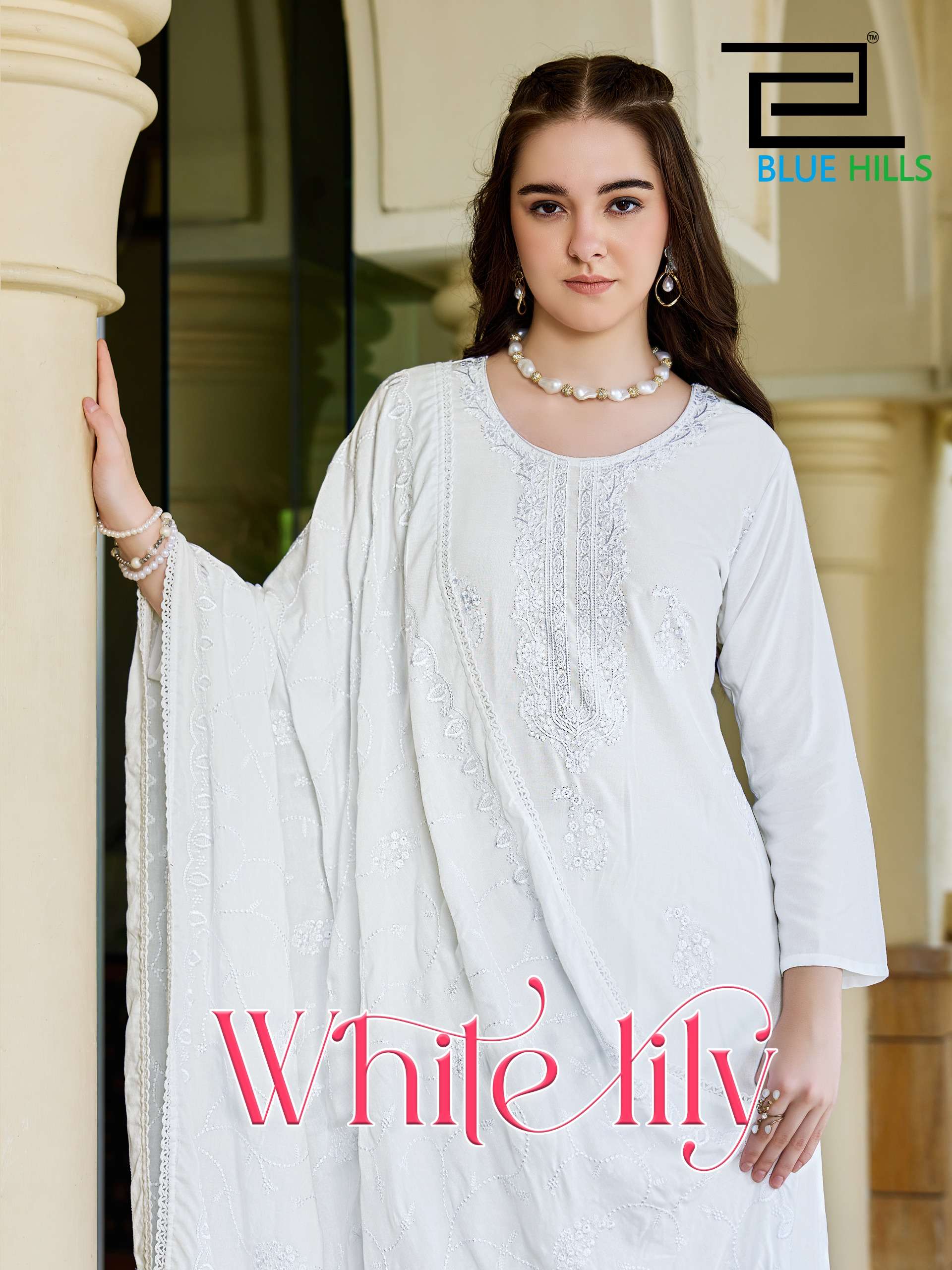 BLUE HILLS WHITE LILY RAYON FANCY WORKS LADIES KURTI PLAZZO AND DUPATTA SET 