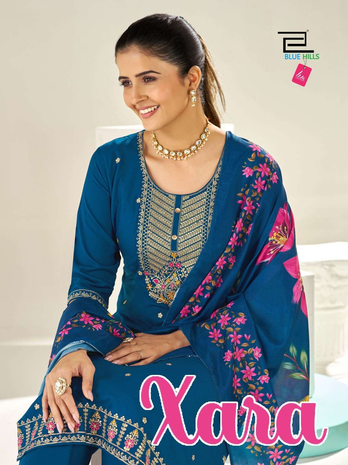 BLUE HILLS XARA RAYON FANCY EMBROIDERIES WORK KURTI BOTTOM AND DUPATTA SET 