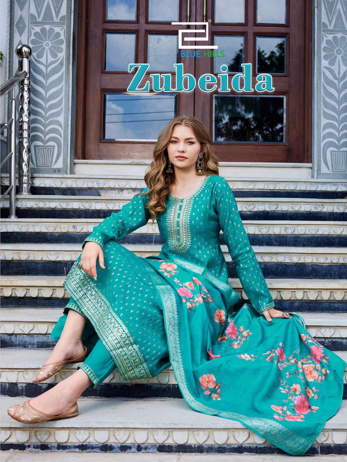 BLUE HILLS ZUBEIDA CHANDERI SILK FOIL PRINT WITH DESIGNER WORK KURTI PANT WITH DUPATTA SET 