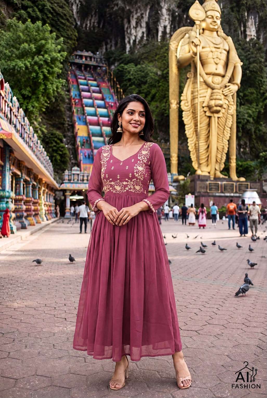 INLI BATU CAVES GEORGETTE DESIGNER FESTIVE WEAR LONG ONE PIECE GOWN DRESS 
