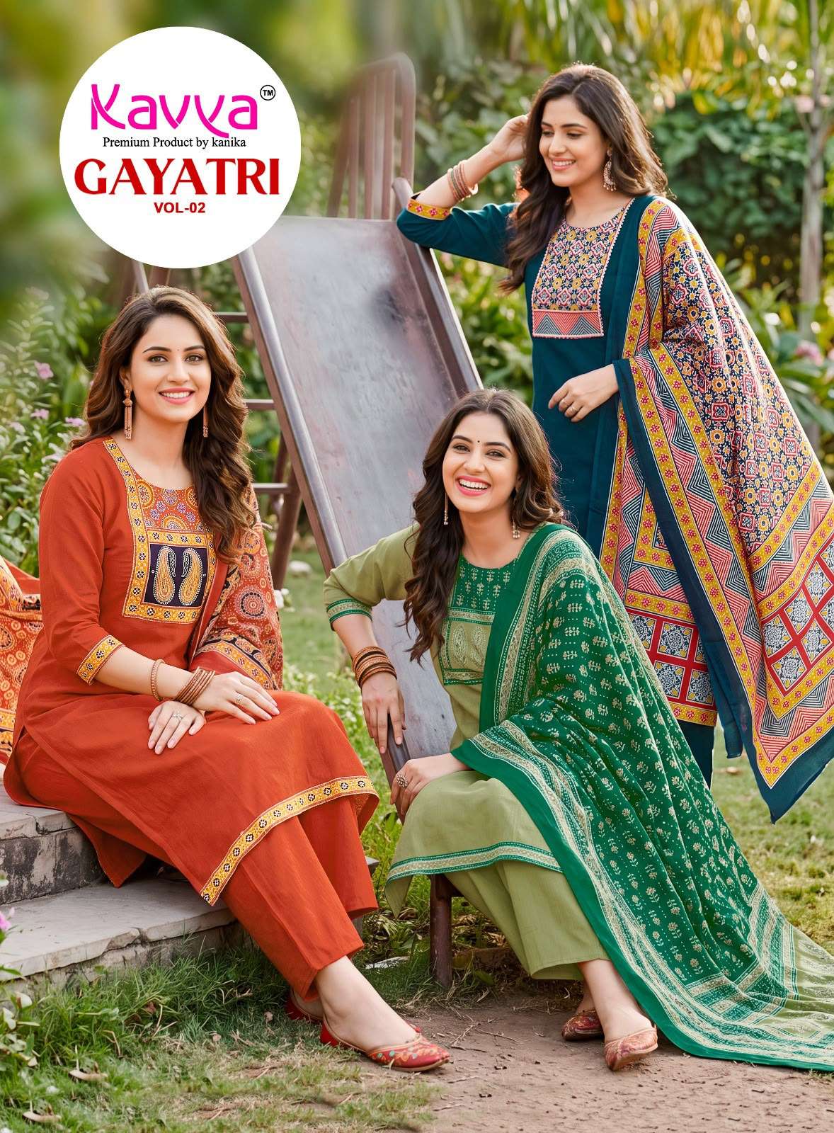 KAVYA GAYATRI VOL 2 COTTON FANCY STRAIGHT CUT KURTI BOTTOM AND DUPATTA SET 