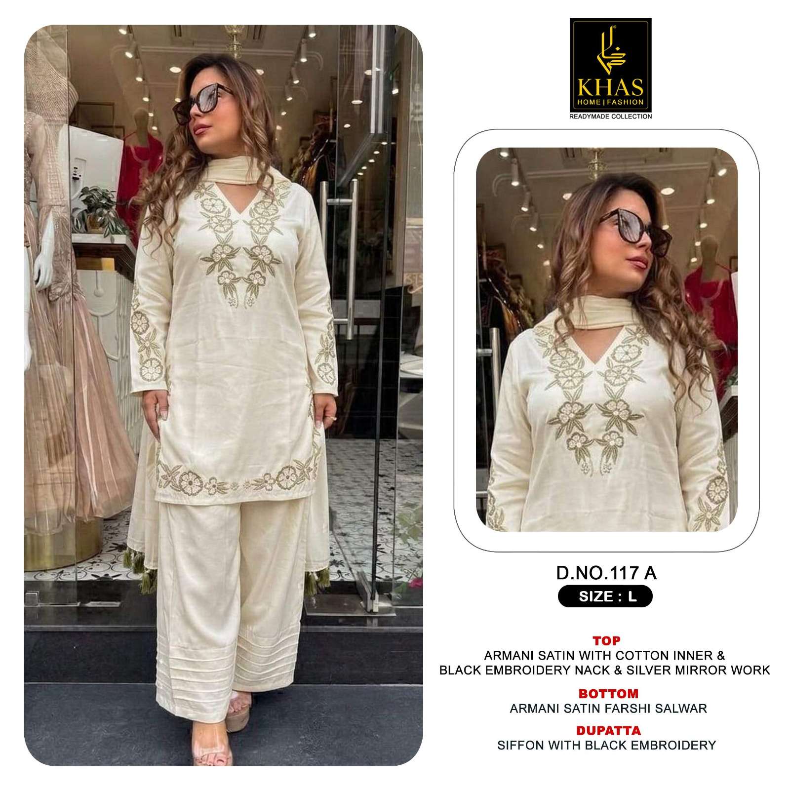 KHAS FASHION D NO 117 SATIN BEAUTIFUL EMBROIDERY DESIGNER WORK READY MADE PAKISTANI SUIT