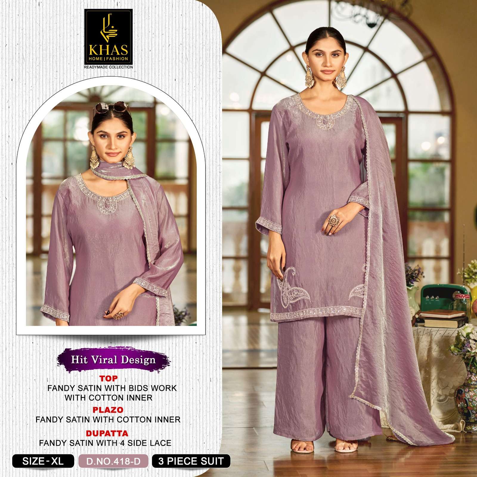 KHAS FASHION D NO 418 SATIN BEAUTIFUL DESIGNER WORK READY MADE SUIT