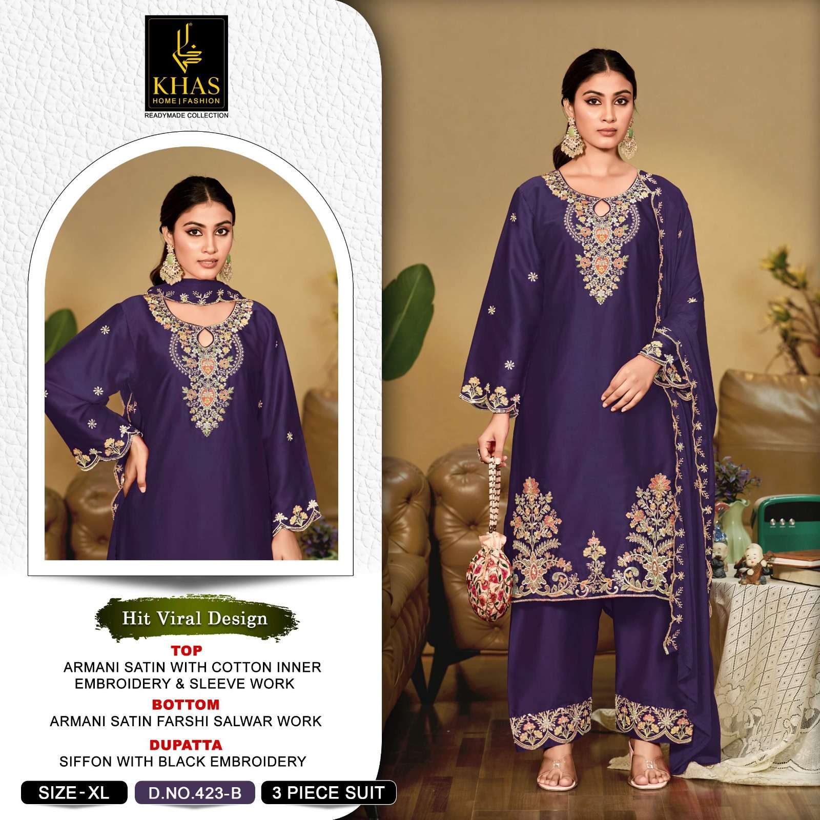 KHAS FASHION D NO 423 SATIN EMBROIDERY DESIGNER WORK SUIT