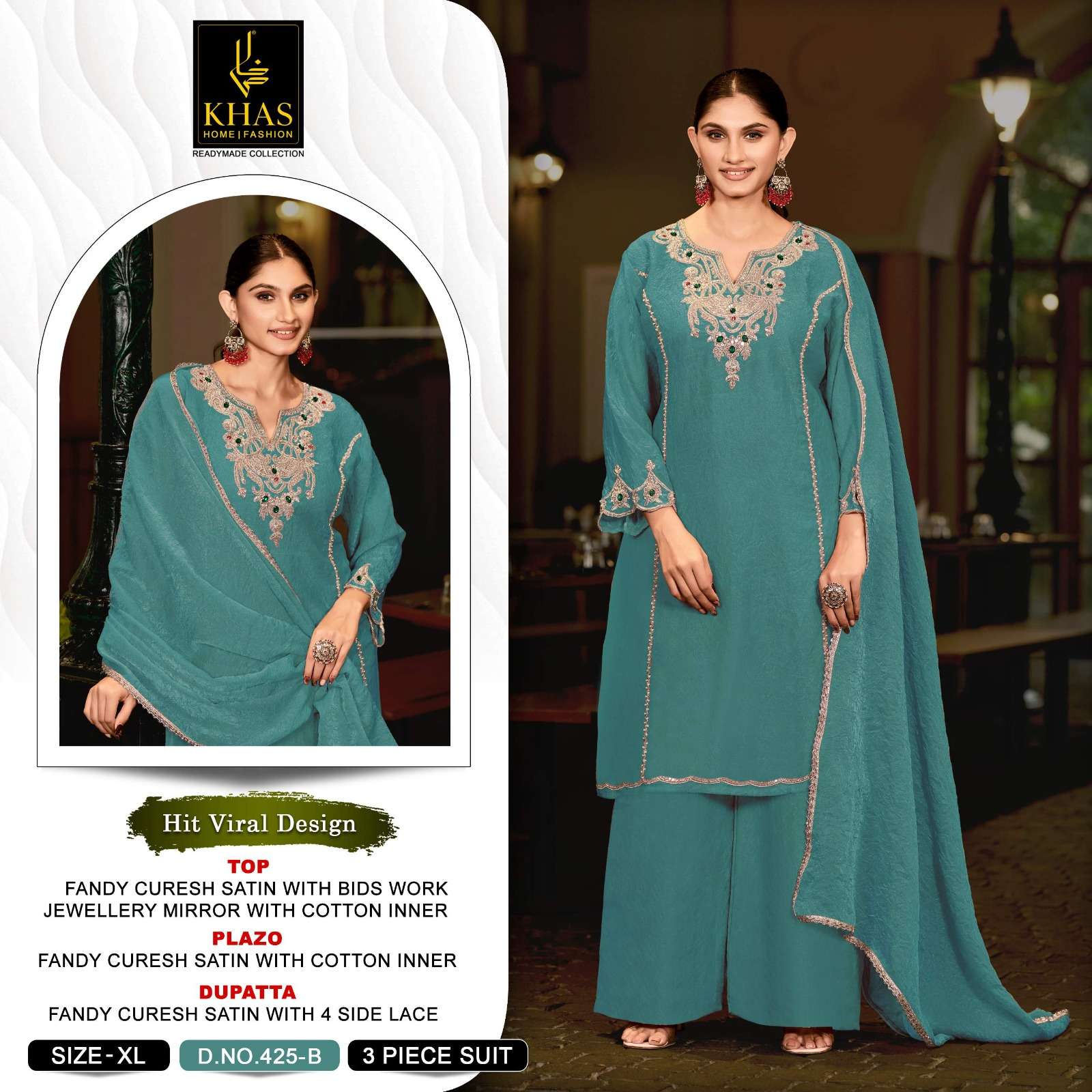 KHAS FASHION D NO 425 SATIN EMBROIDERED DESIGNER WORK READY MADE SUIT