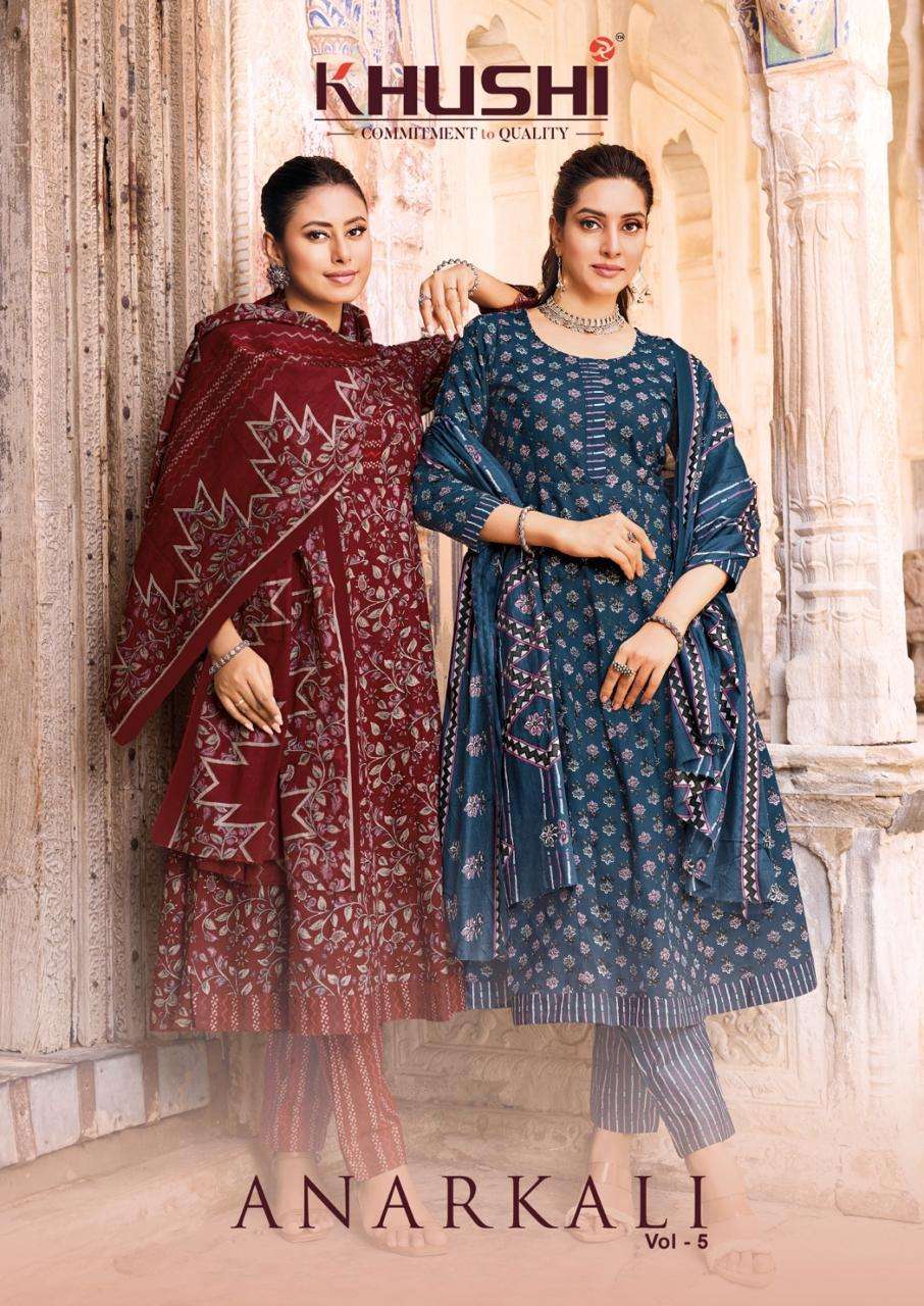 KHUSHI ANARKALI VOL 5 COTTON PRINTED LADIES KURTI PANT WITH DUPATTA SET 