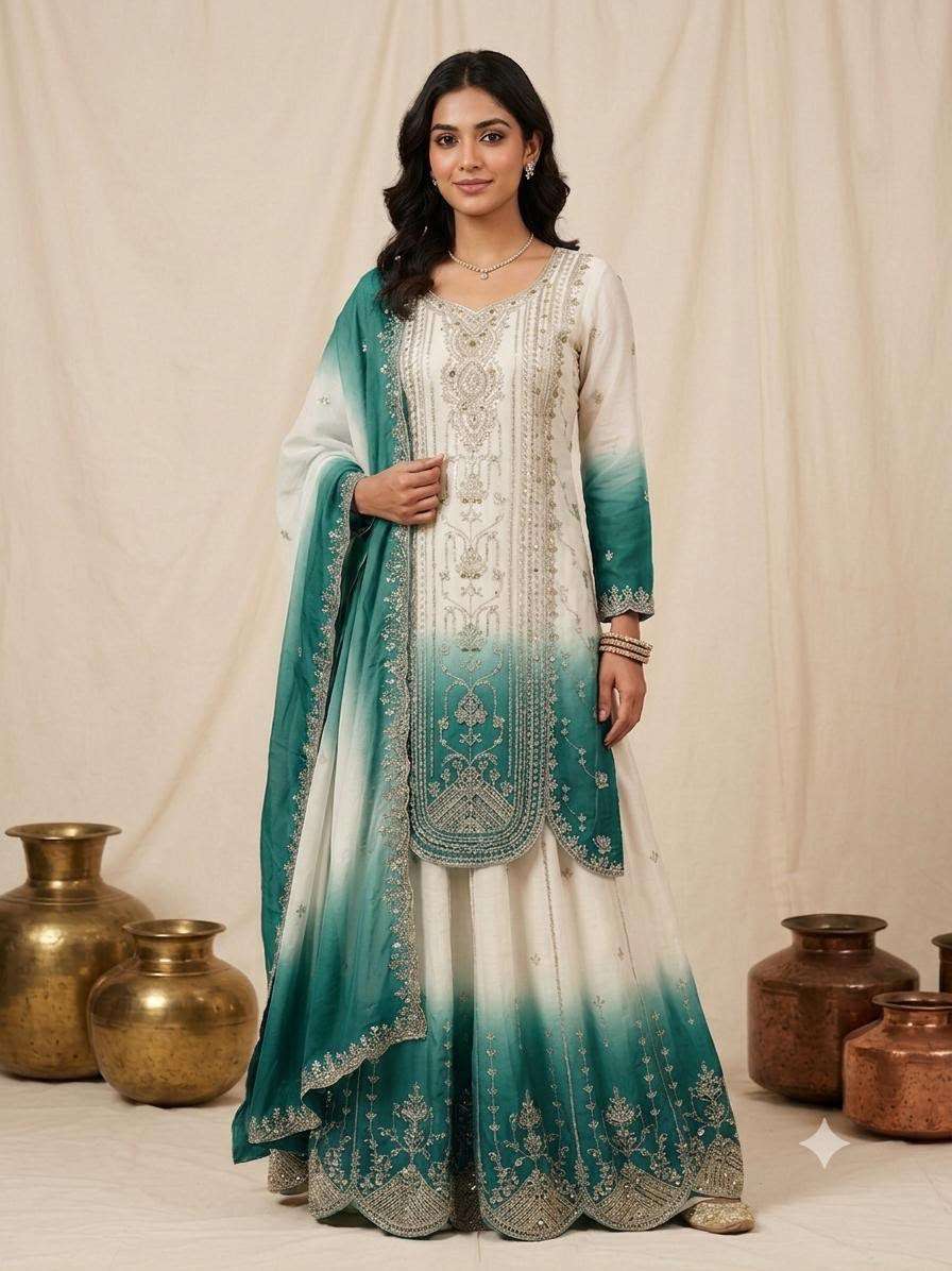LG 2128 SHADED GEORGETTE FABRIC BEAUTIFUL EMBROIDERED TOP PLAZZO WITH DUPATTA  SET