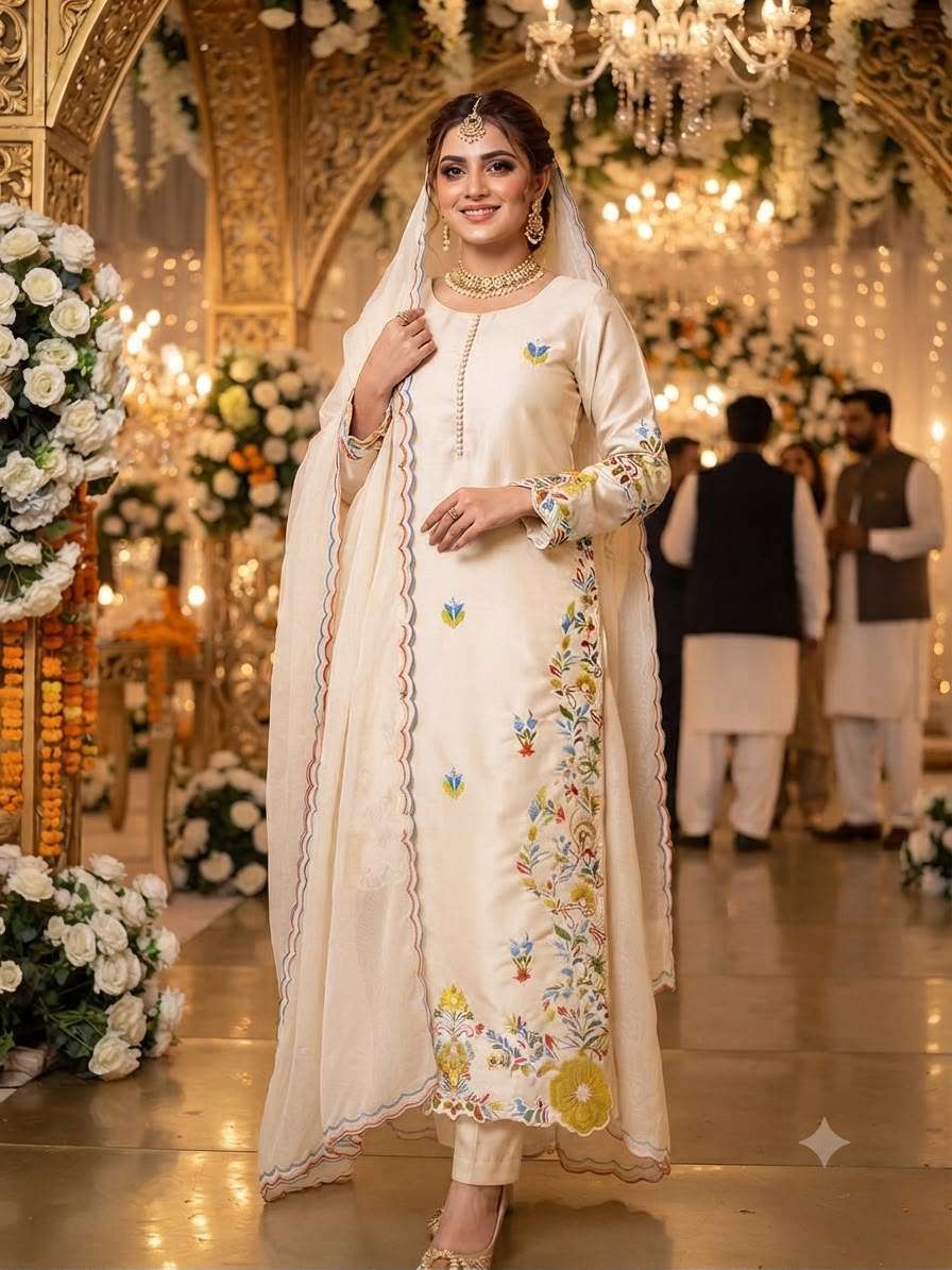 LG 2132 ROMAN SILK BEAUTIFUL PAKISTANI SUIT TOP WITH EMBROIDERED WORKED PANT AND DUPATTA