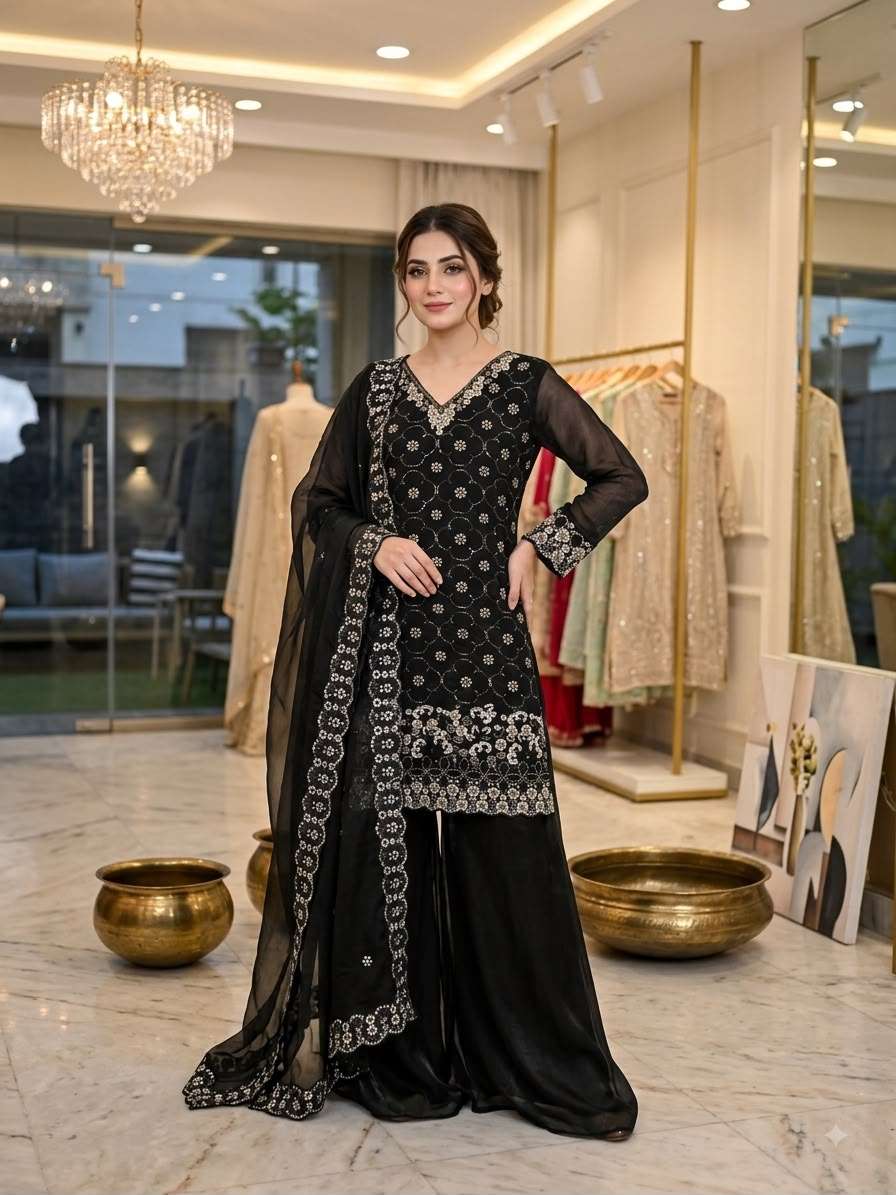 LM 23 SILK SEQUENCE EMBROIDERY DESIGNER WORK TOP PLAZZO AND DUPATTA SET 