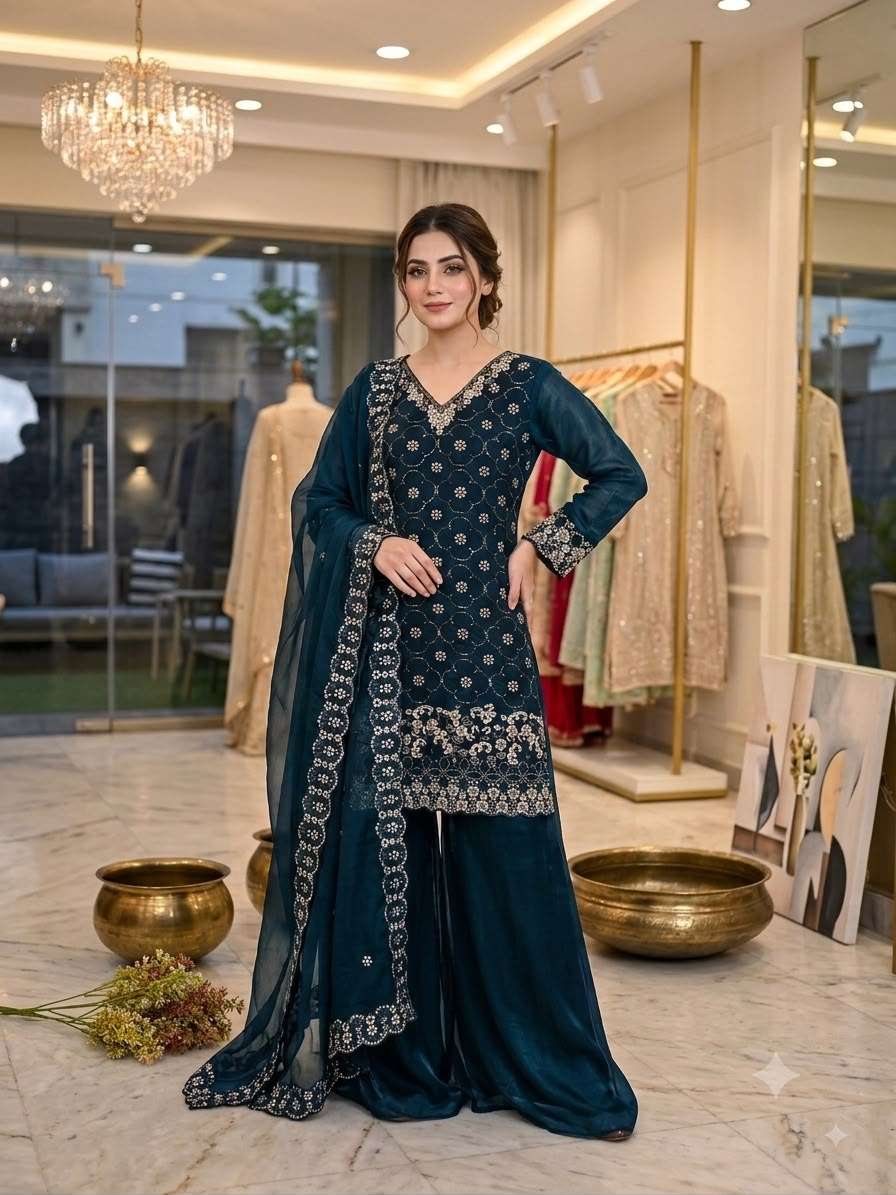 LM 23 SILK SEQUENCE EMBROIDERY DESIGNER WORK TOP PLAZZO AND DUPATTA SET 