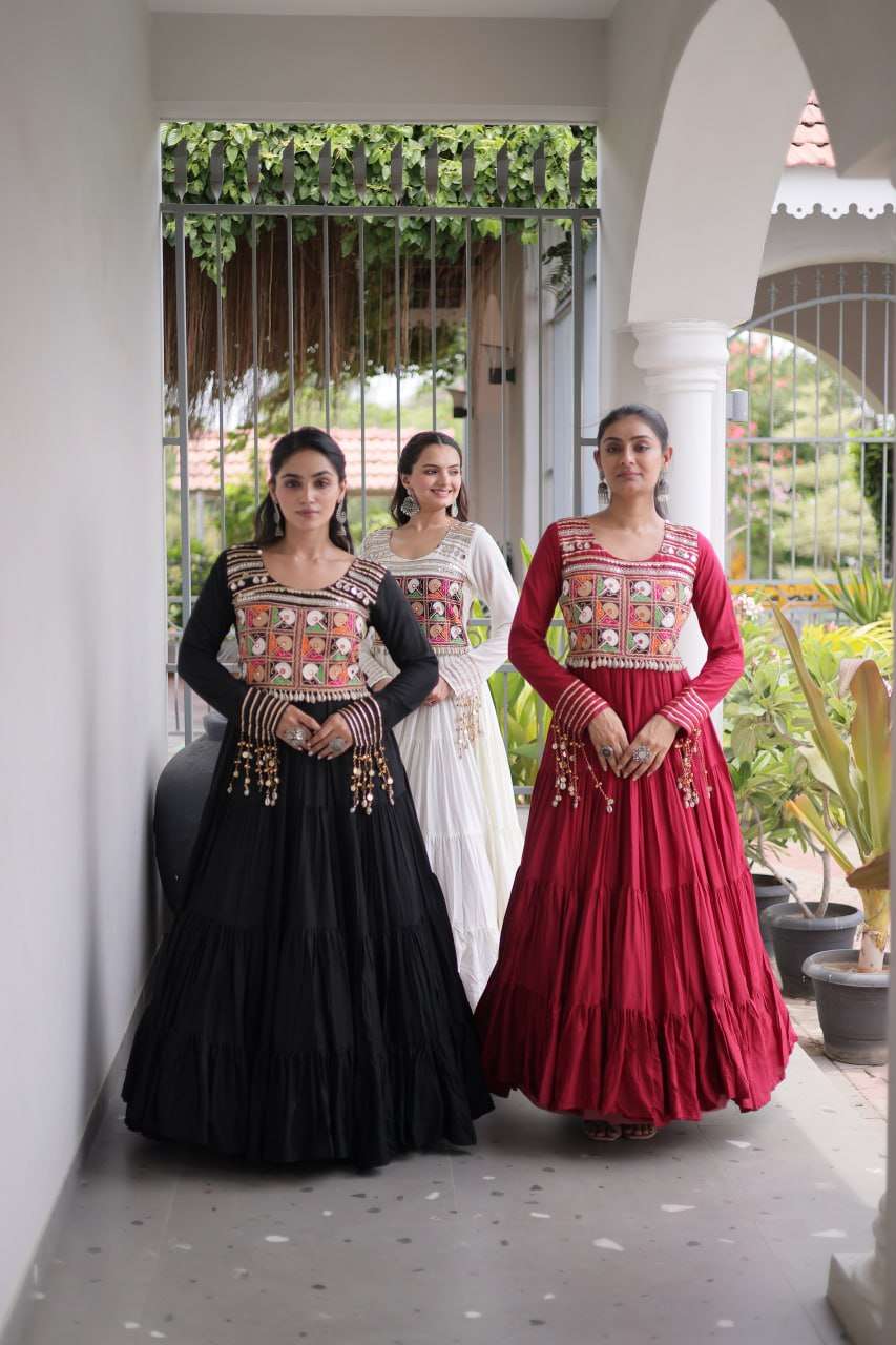 LW 9344 RAYON GAMTHI THREAD WORK NAVRATRI WEAR GOWNS 