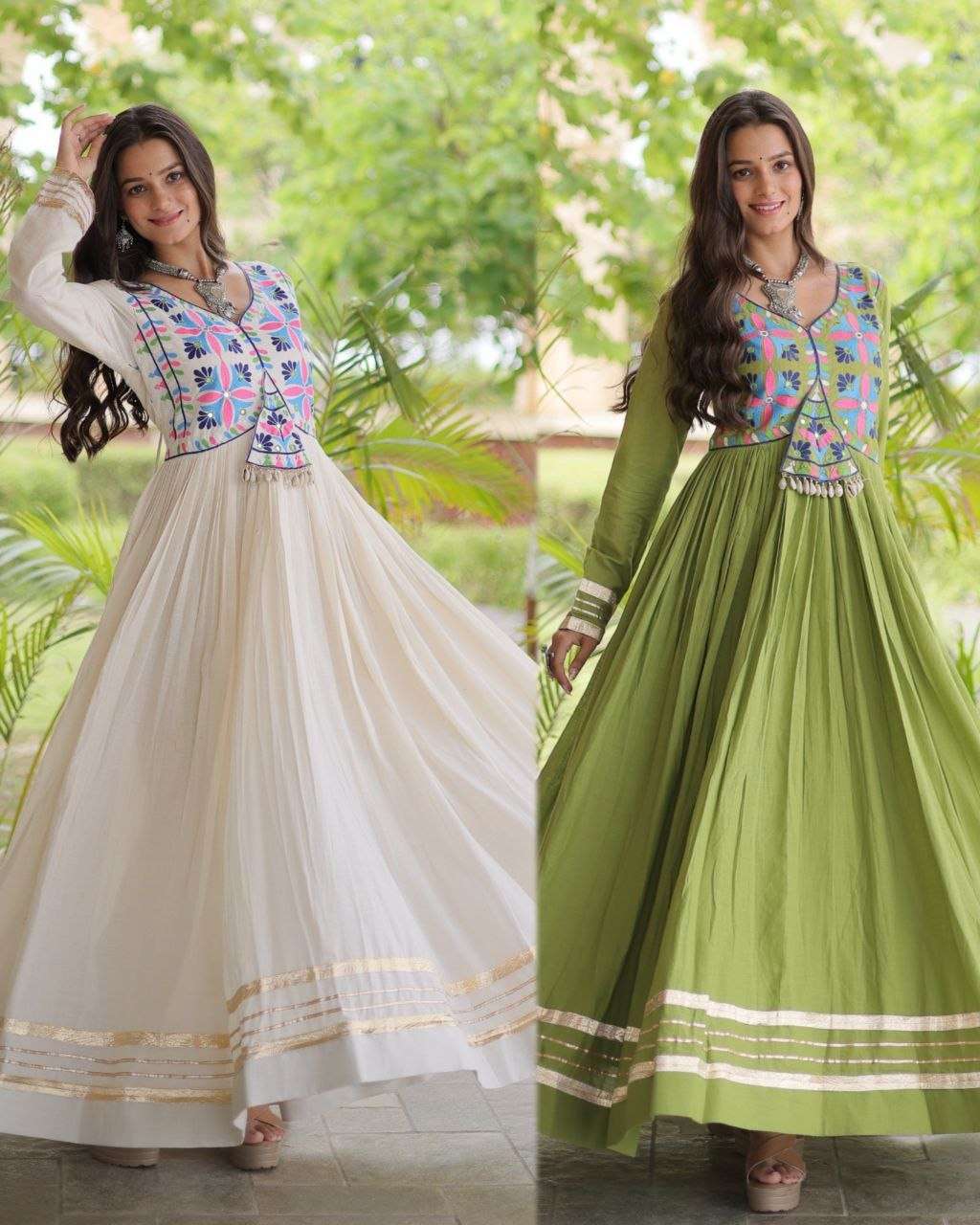 LW 9347 COTTON MULTI THREAD EMBROIDERED WORK NAVRATRI WEAR LONG GOWN DRESS 