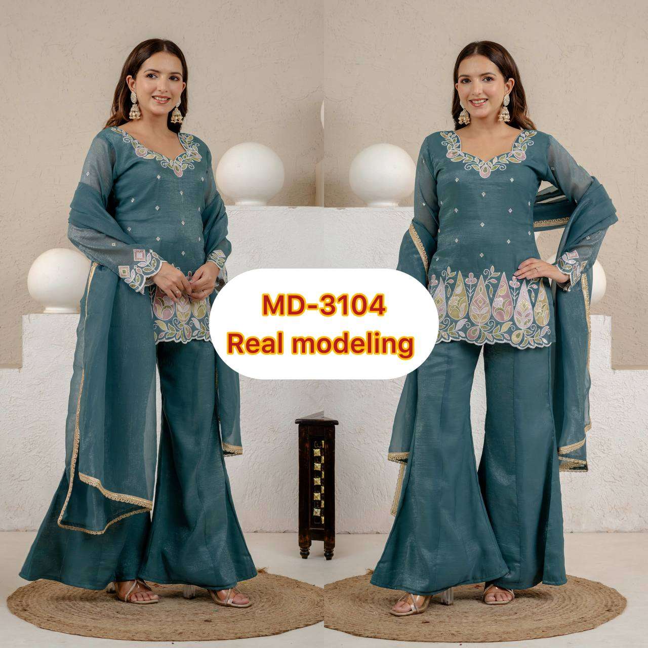 MD 3104 SILK DESIGNER WORK PARTY WEAR LADIES TOP PLAZZO AND DUPATTA SET 