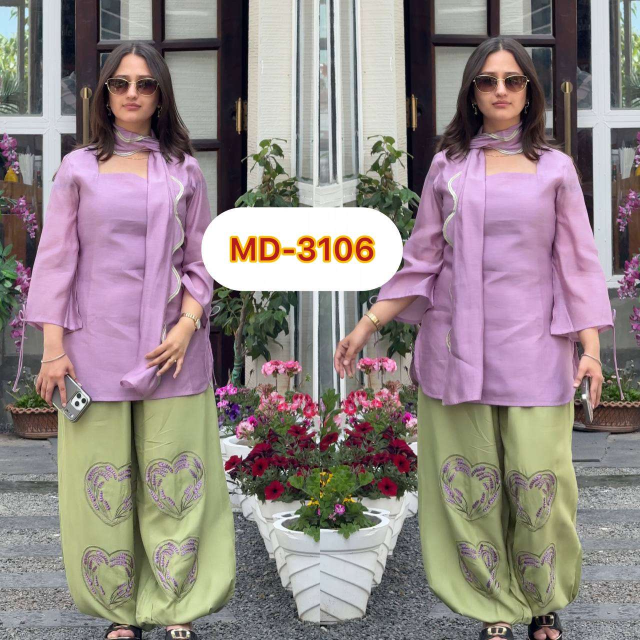 MD 3106 COTTON DESIGNER PARTY WEAR LOOK TOP WITH BALLOON PENT AND DUPATTA SET 
