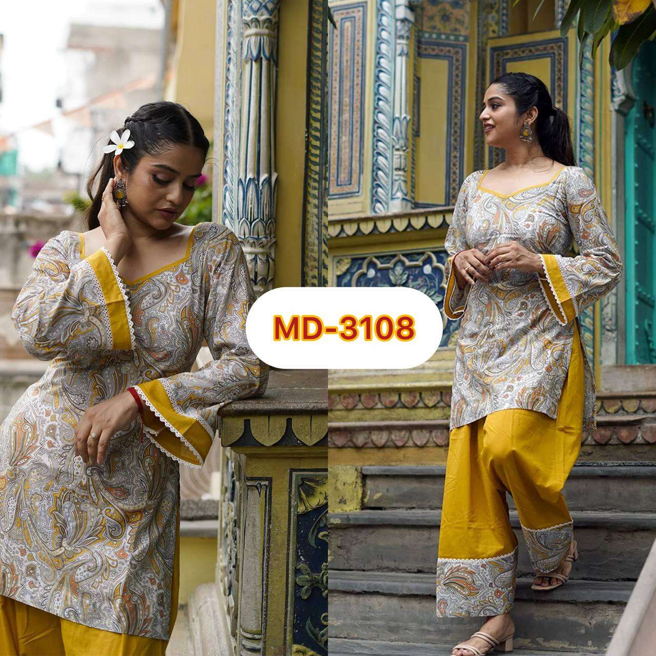 MD 3108 DESIGNER WEAR LOOK LADIES TOP FARSHI SALWAR AND DUPATTA SET 