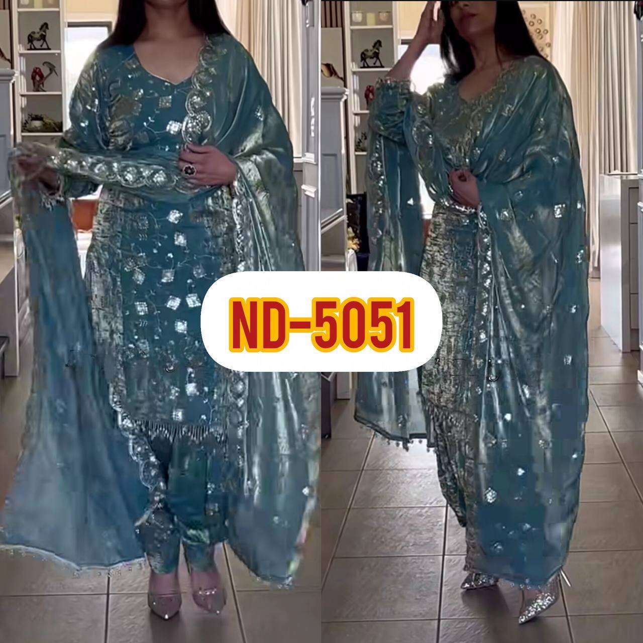ND 5051 SILK EMBROIDERY DESIGNER PARTY WEAR LADIES TOP DHOTI SALWAR AND DUPATTA SET 