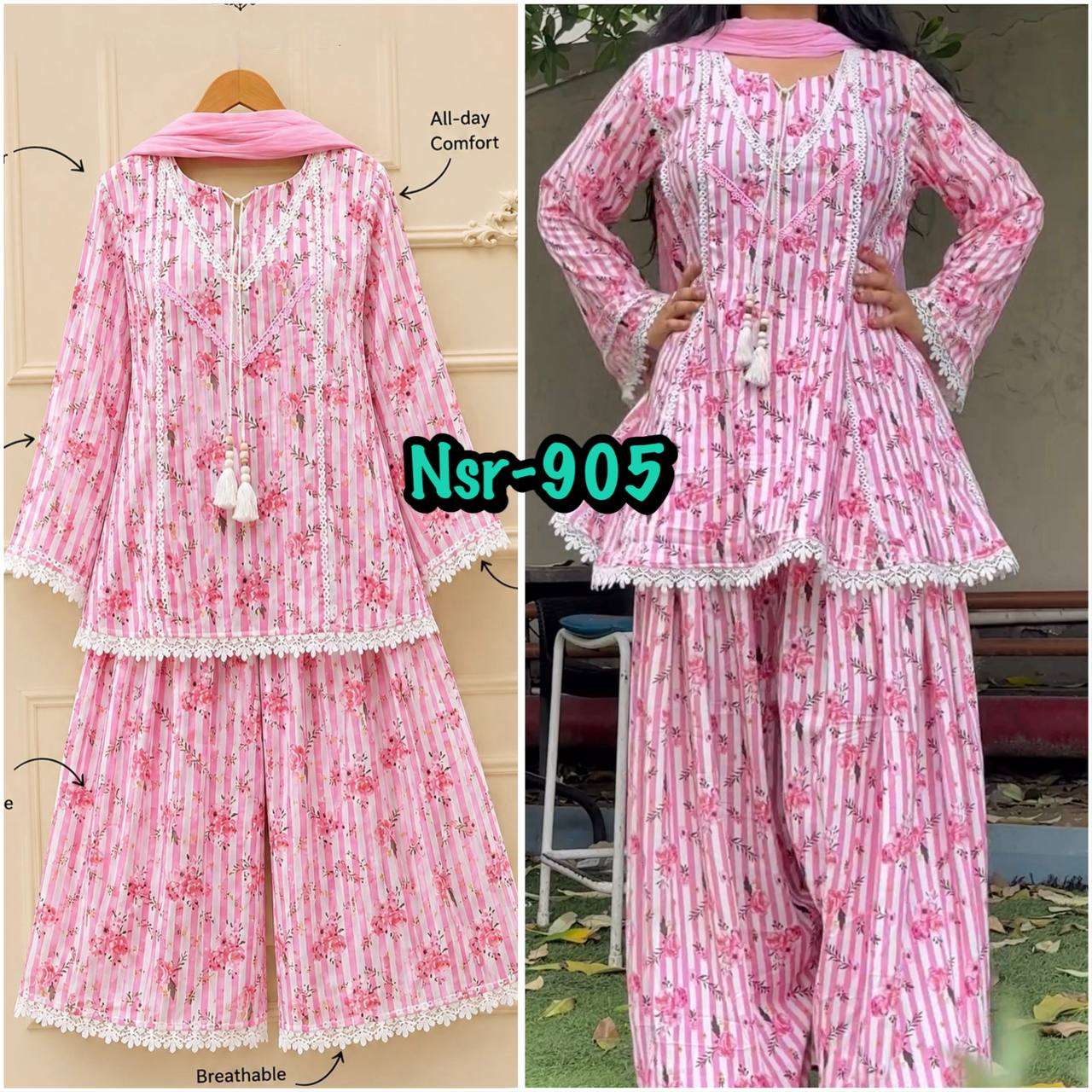 NSR 905 FANCY PREETY LOOKS LADIES TOP FARSHI PLAZZO AND DUPATTA SET 