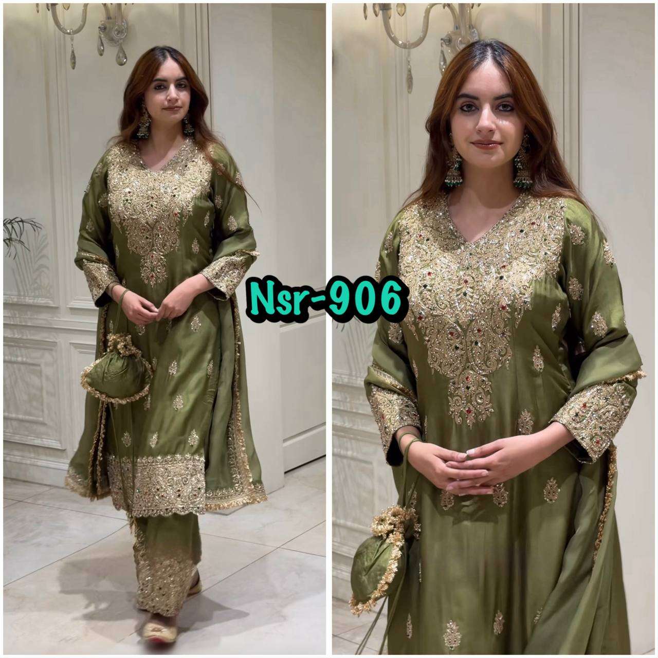 NSR 906 ROMAN SILK WITH HEAVY EMBROIDERY DESIGNER WORK WEDDING FUNCTION WEAR SUIT
