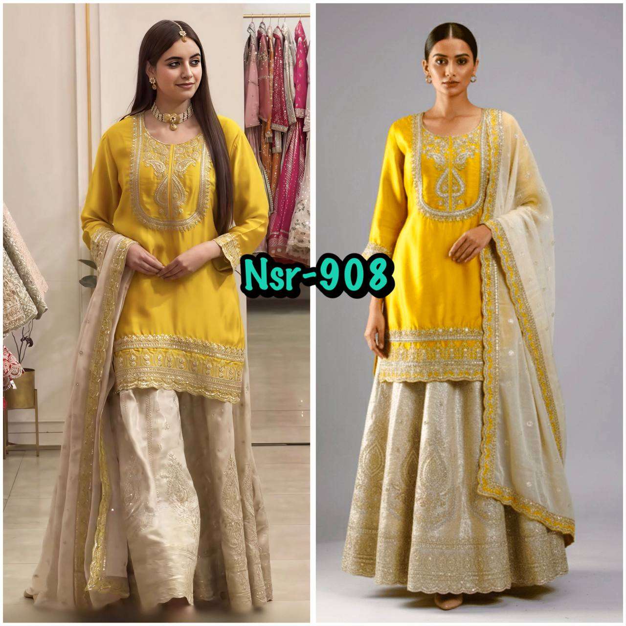 NSR 908 SILK HEAVY EMBROIDERD DESIGNER WEDDING FUNCTION WEAR SHARARA SUIT