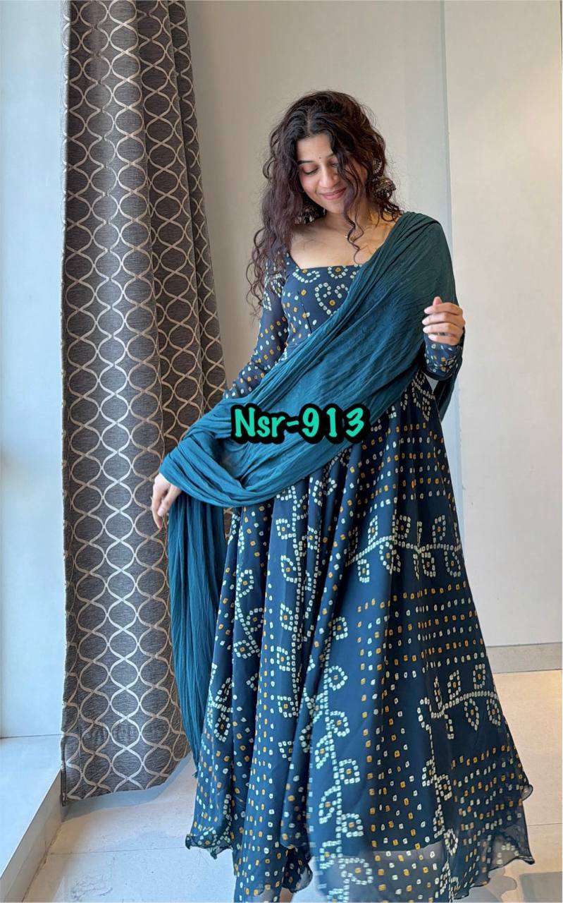 NSR 913 FOX GEORGETTE DIGITAL PRINT DESIGNER WORK FESTIVE WEAR GOWN DRESS 