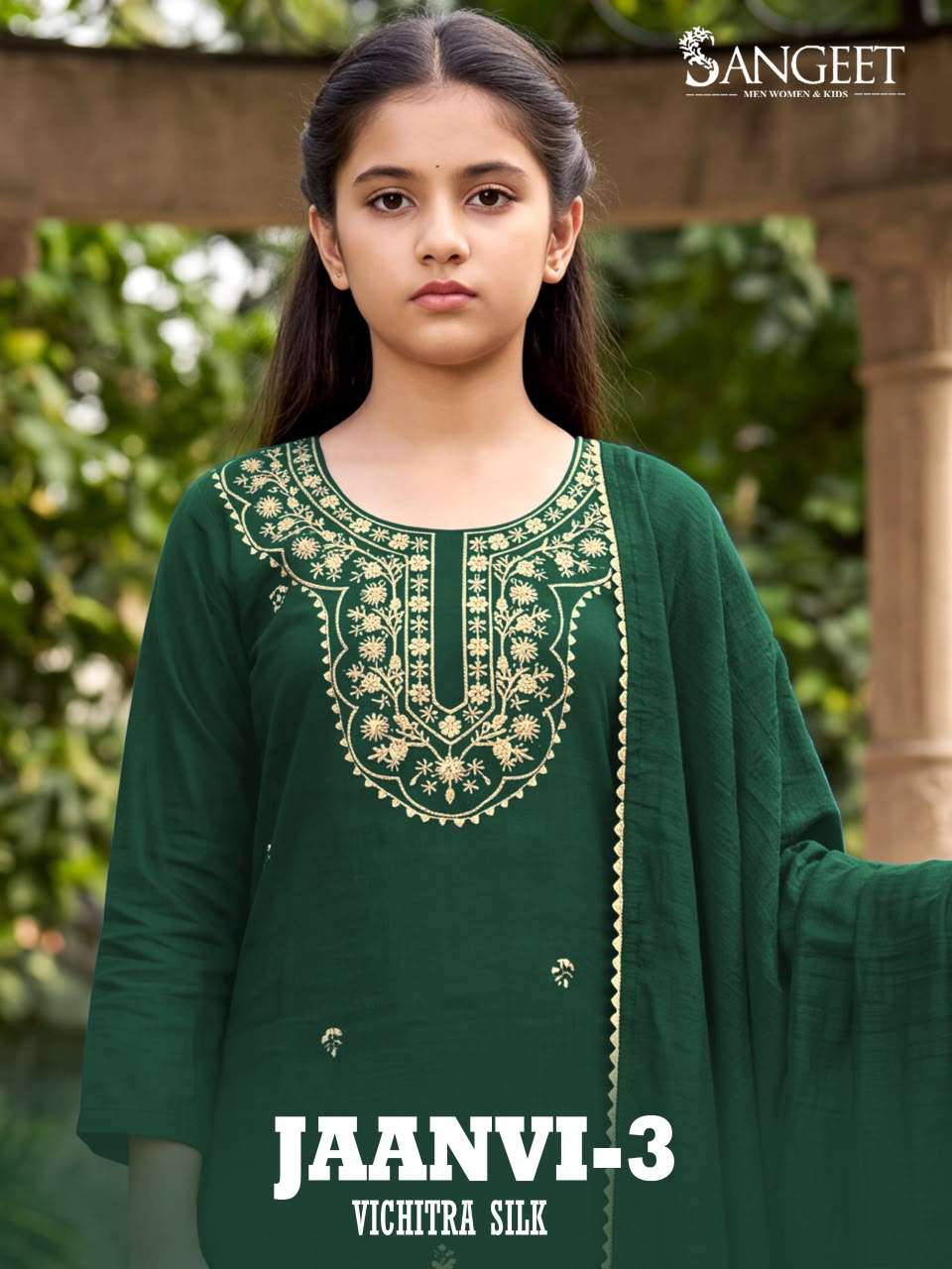 SANGEET JAANVI VOL 3 SILK WITH FANCY EMBROIDERIES WORK KURTI BOTTOM AND DUPATTA SET 