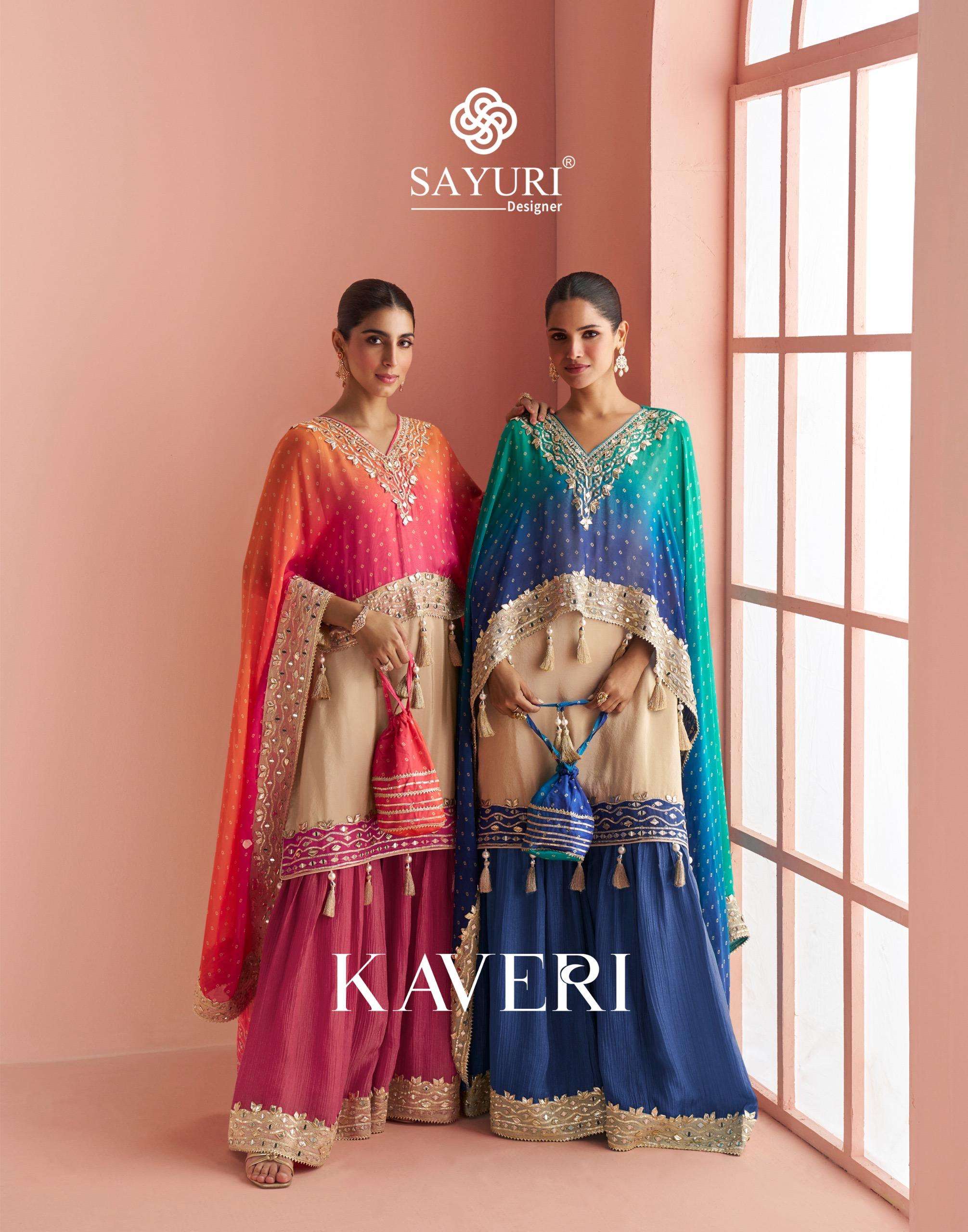 SAYURI DESIGNER KAVERI SILK DESIGNER PAUNCHO STYLE KURTI WITH SHARARA AND DUPATTA