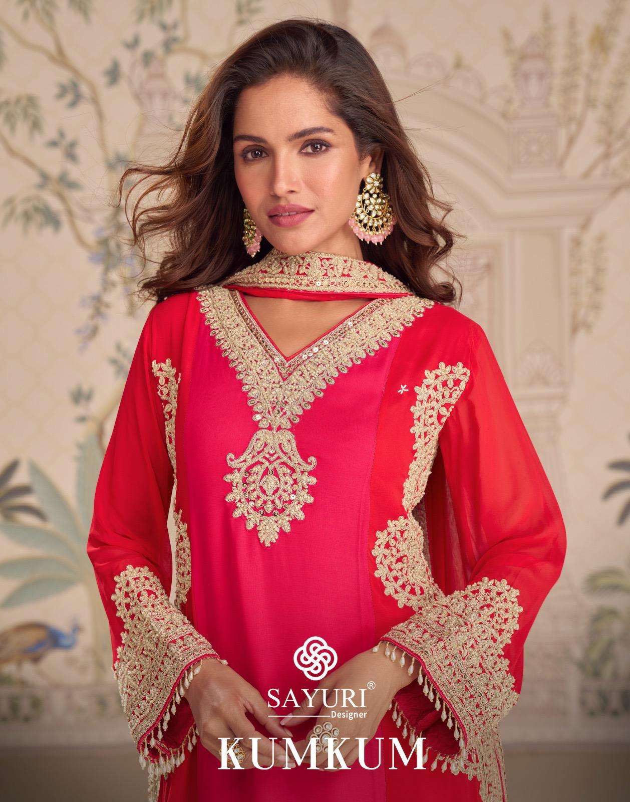 SAYURI DESIGNER KUMKUM GEROGETTE HEAVY EMBROIDERY DESIGNER WEDDING WEAR DRESS