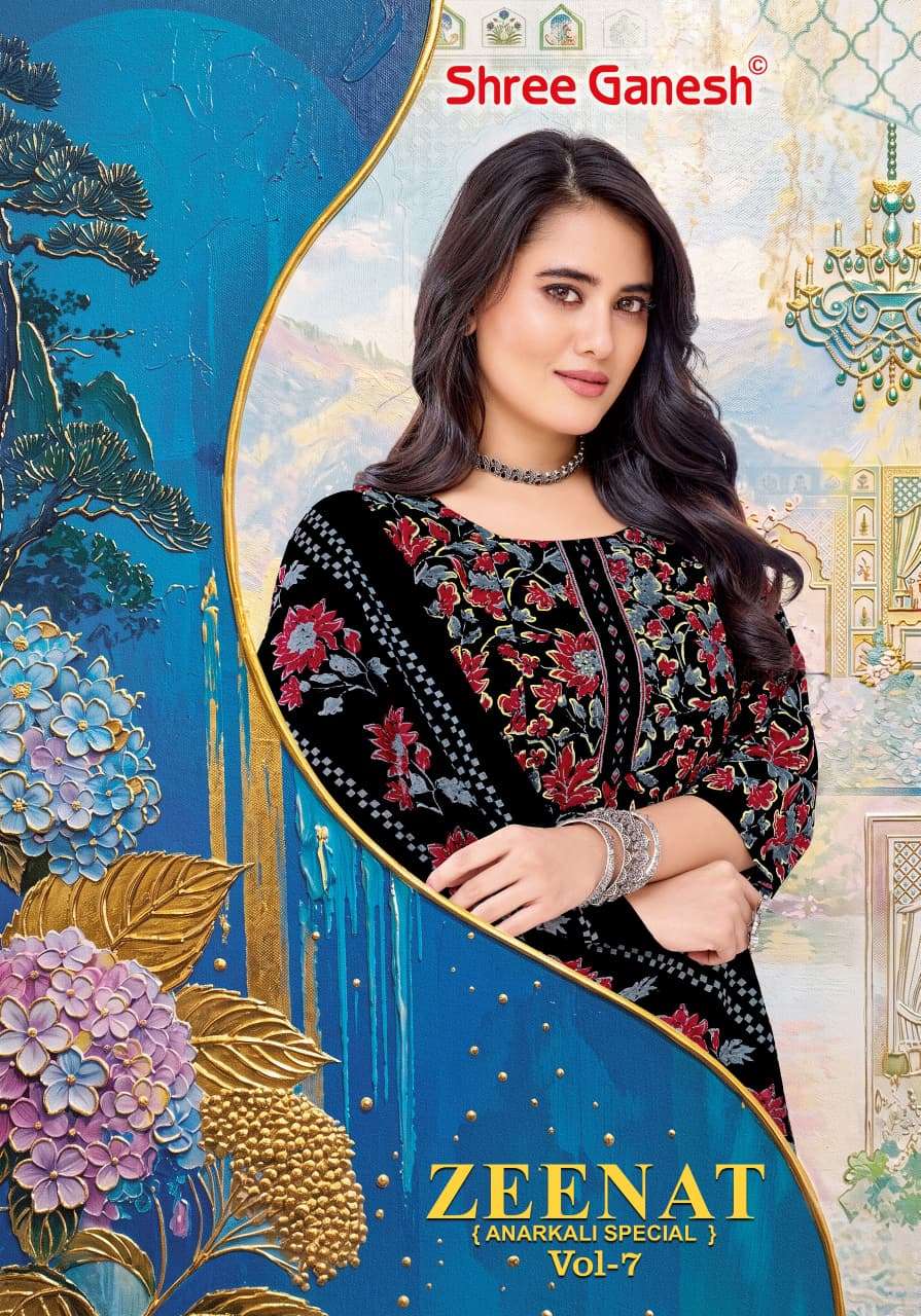 SHREE GANESH ZEENAT VOL 7 COTTON PRINTED FROCK STYLE KURTI BOTTOM AND DUPATTA SET 