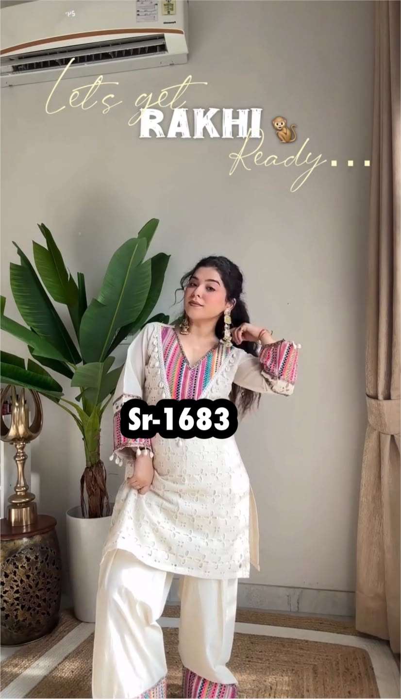 SR 1683 COTTON SCHIFLI BEAUTIFUL DESIGNER WORK FESTIVE WEAR TOP WITH BOTTOM PAIR 