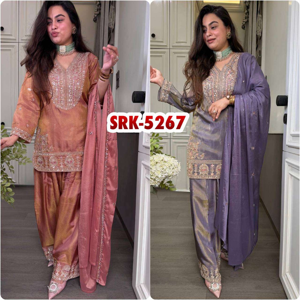 SRK 5267 SILK HEAVY SEQUENCE EMBROIDERY DESIGNER WORK TOP PLAZZO AND DUPATTA SET 